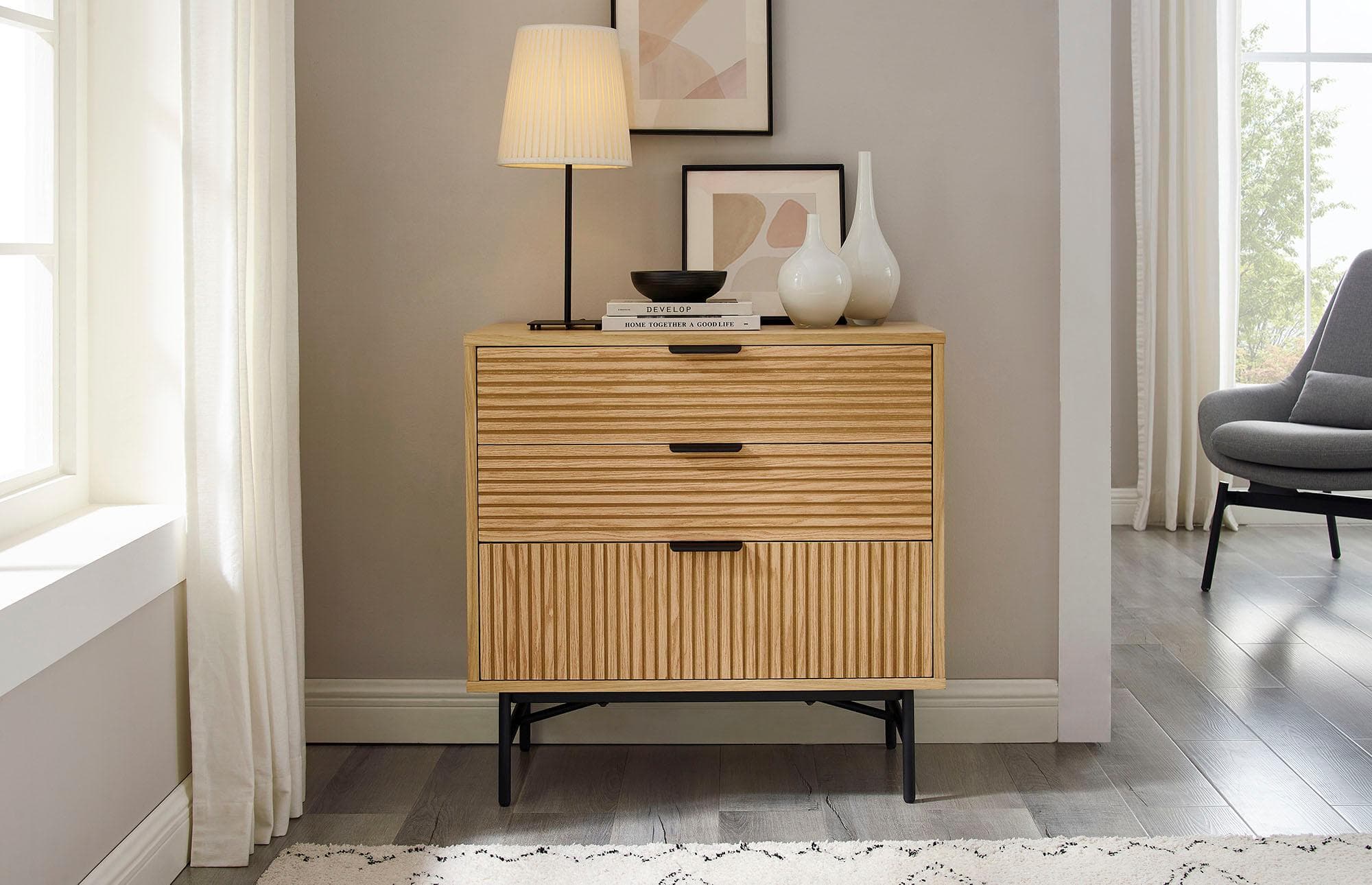 Salesfever Kommode Visby Eiche Echtholzfurnier Schwarz Beige
