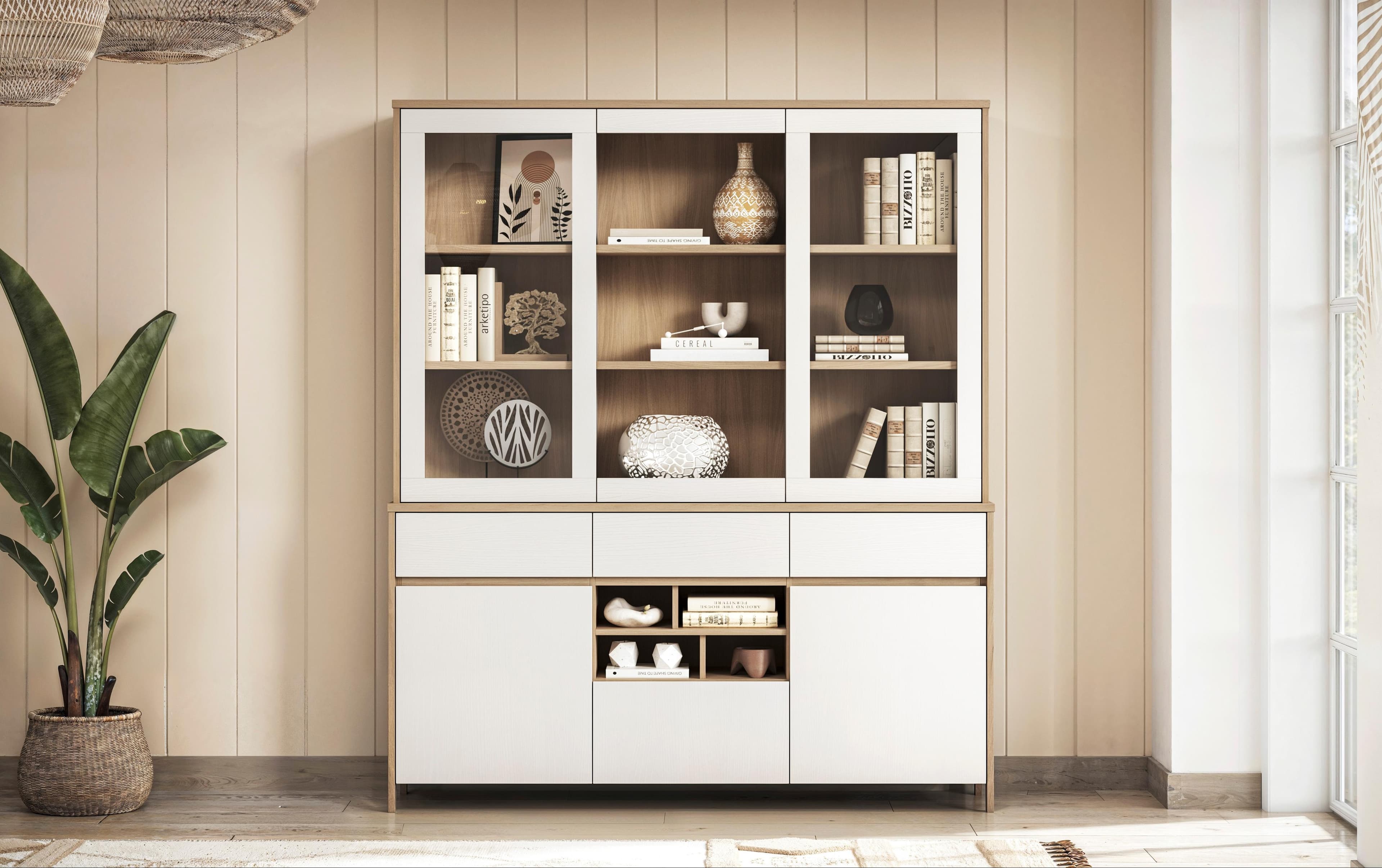 Buffet HOME AFFAIRE Stranda Hochschrank Weiß Skandi Eiche Modern
