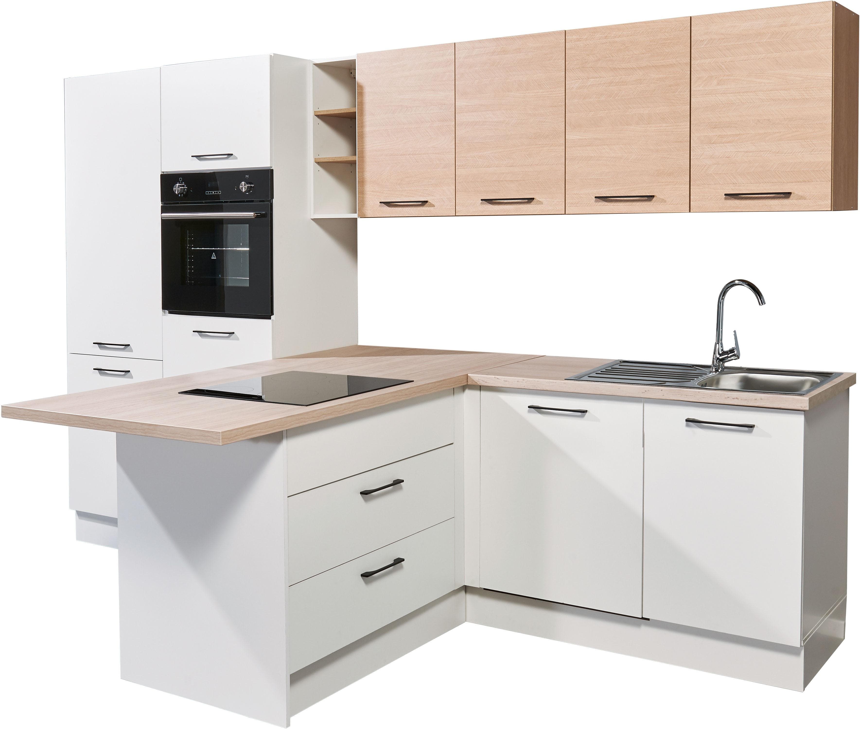 Küchenzeile BASIC BY BALCULINA Girona 325 cm Weiß/Eiche Fishbone Beige