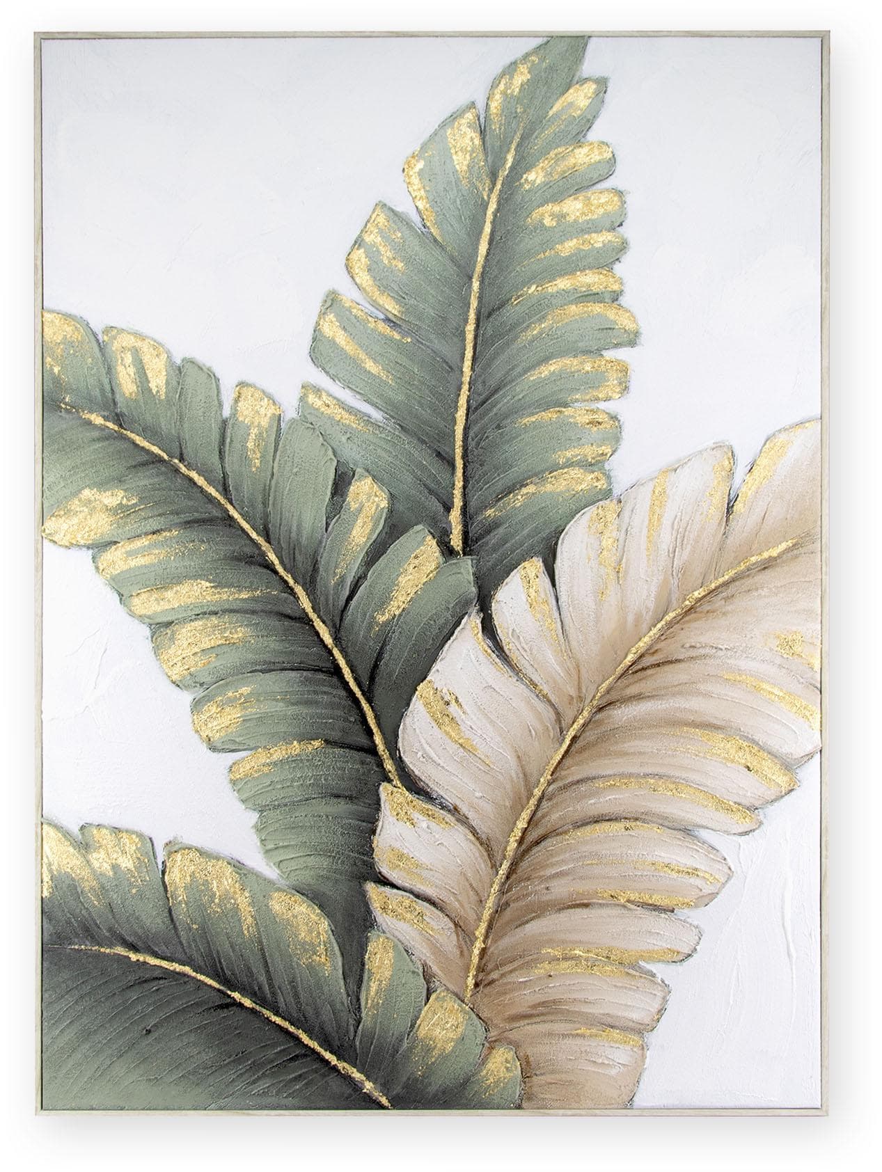 ART FOR THE HOME Leinwandbild Blätter Neutral Handgemalt Goldmetallic
