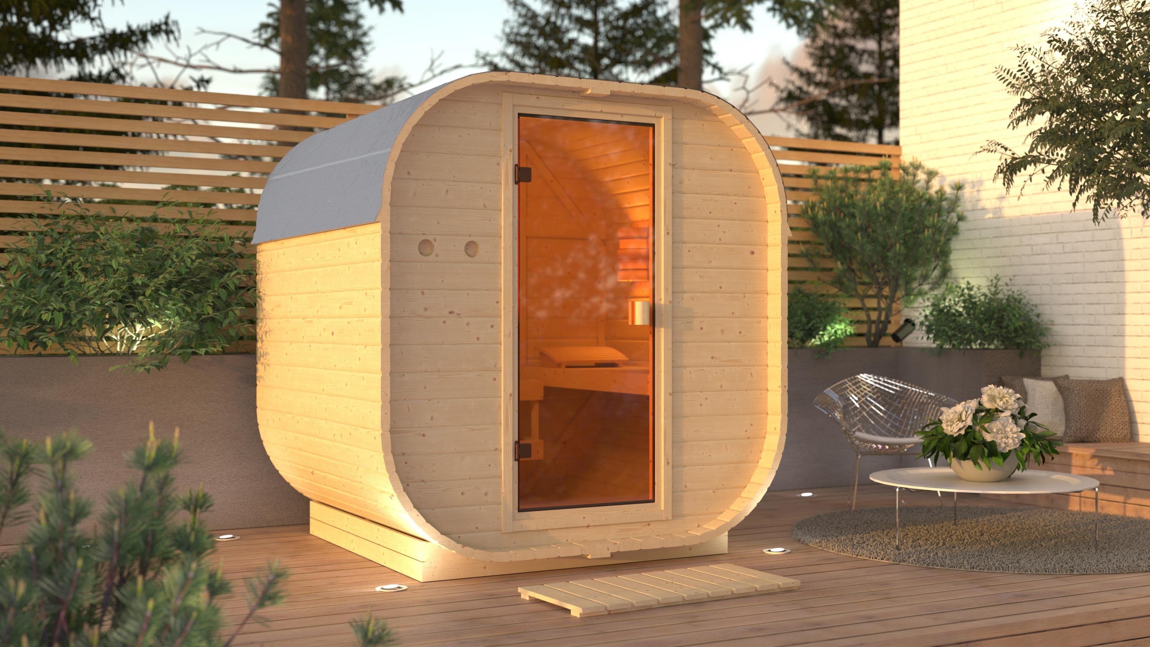 Fasssauna KONIFERA Cube Naturbelassen 3,6 kW mit Ofen
