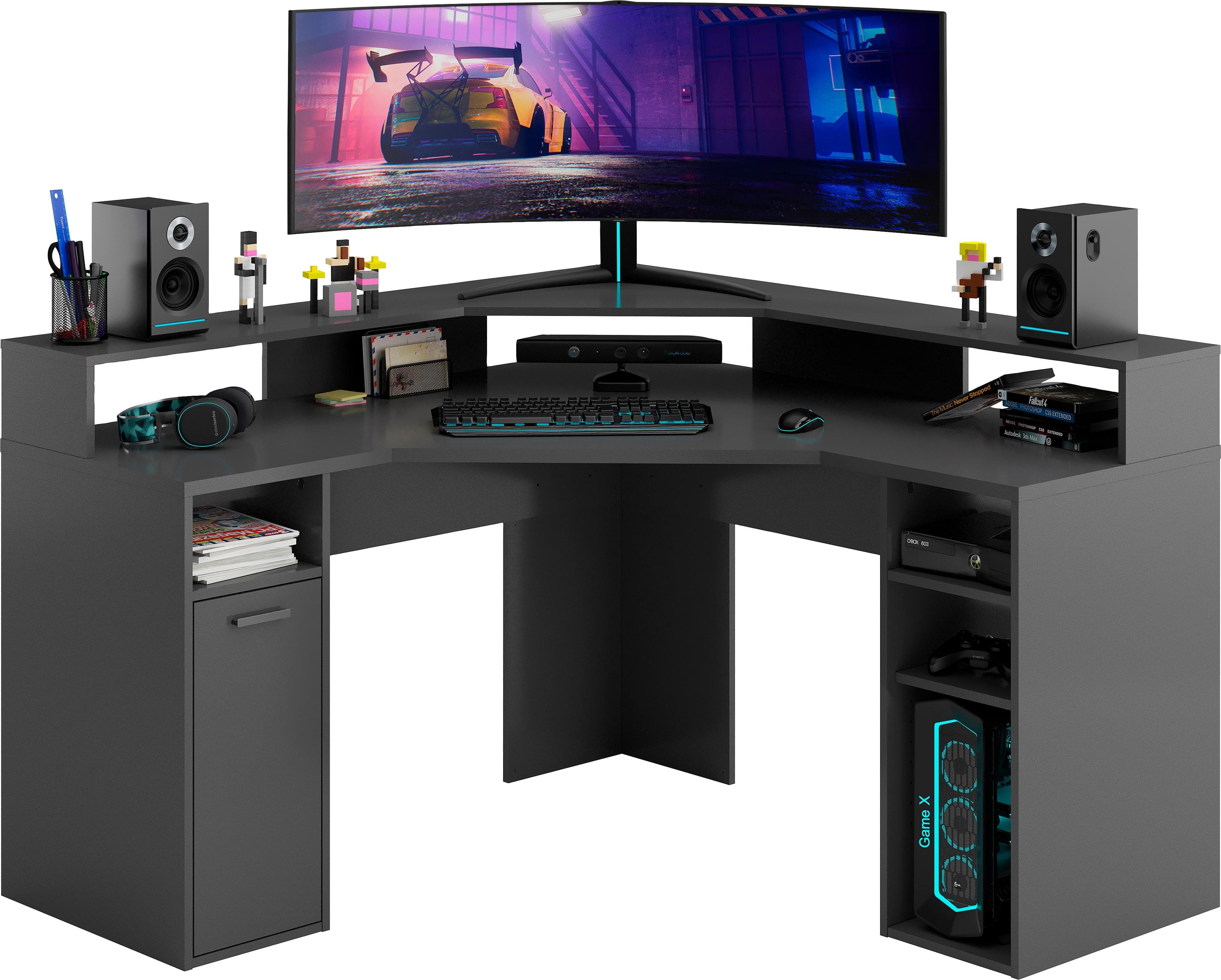 FMD Eckschreibtisch Zocker 2 Gamingtisch Anthrazit Weiß