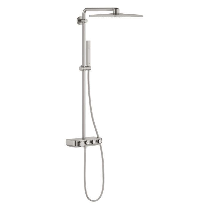 Grohe Duschsystem 26508DC0 supersteel mit AP-Thermostat, Duscharm 45cm schwenkbar