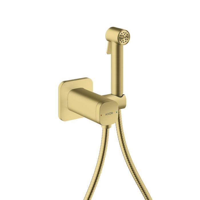Hansgrohe AXOR Bidette Showers Duschkopf 29243950 1 Strahlart softsquare für Mischwasser mit Duschkopfhalterung und Duschschlauch 1,25 m, Brushed Brass