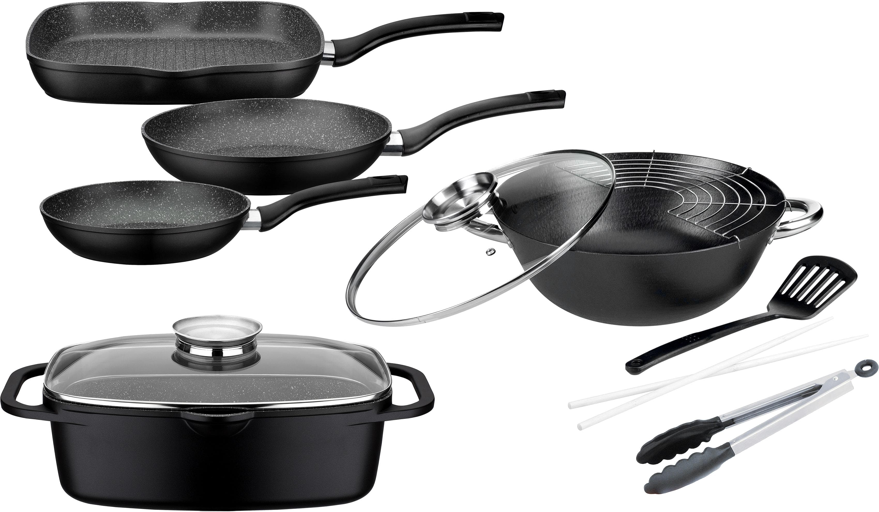 Topf-Set aus Aluminium-Guss in Schwarz