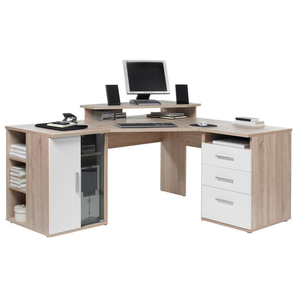Eckschreibtisch aus Kunststoff und Sonoma Eiche, Weiß