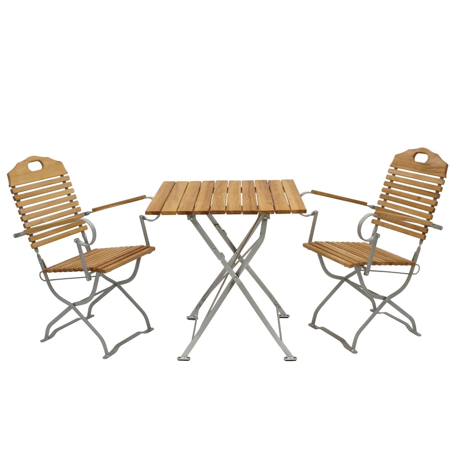 DEGAMO Kurgarten Garnitur BAD TÖLZ 3-teilig (2x Armlehnensessel, 1x Tisch 70x70cm) Flachstahl verzinkt + Robinie, klappbar