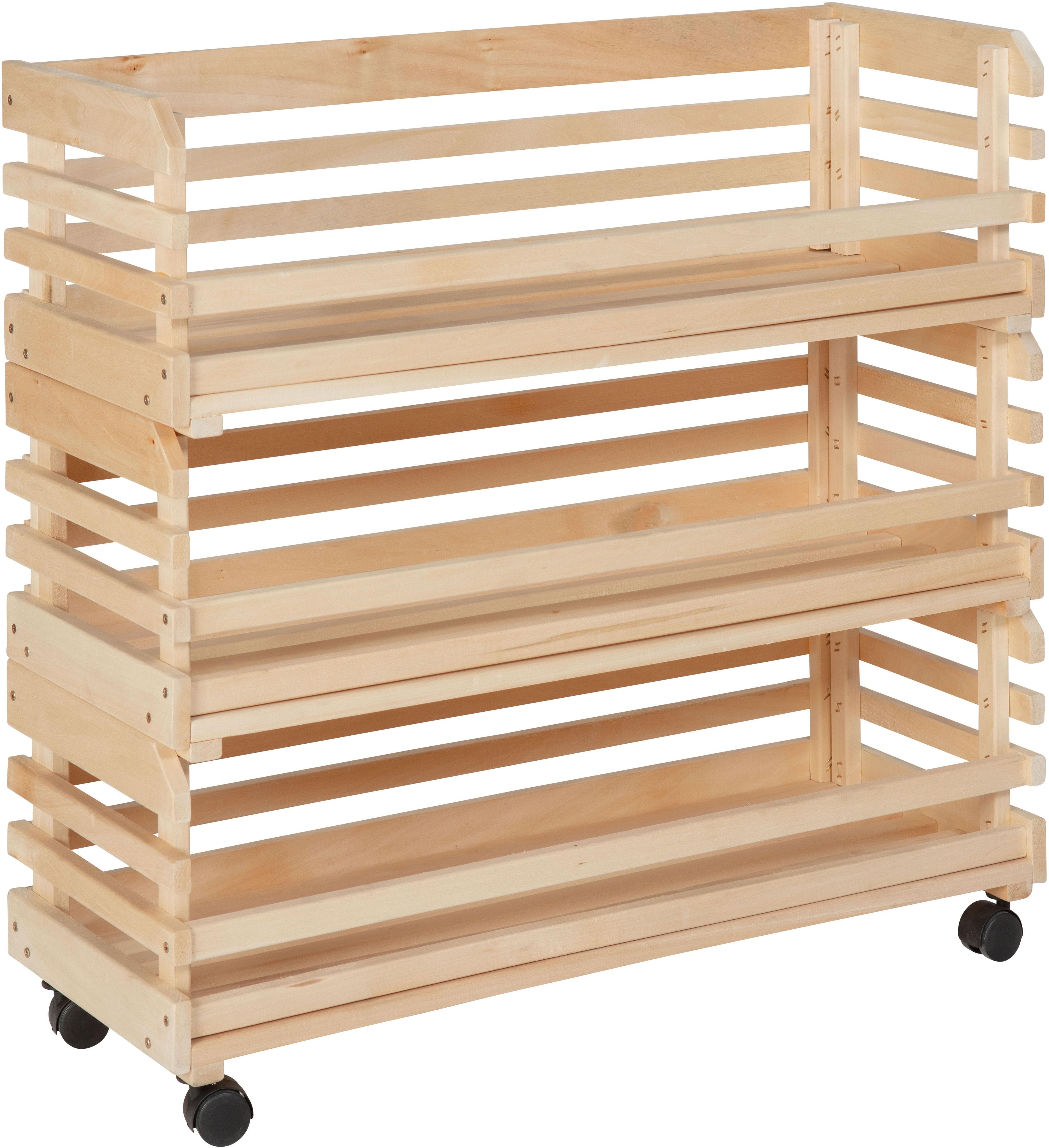 Inter Link Küchenwagen Vegetable Natur Massivholz Rollwagen mit 3 Holzkisten