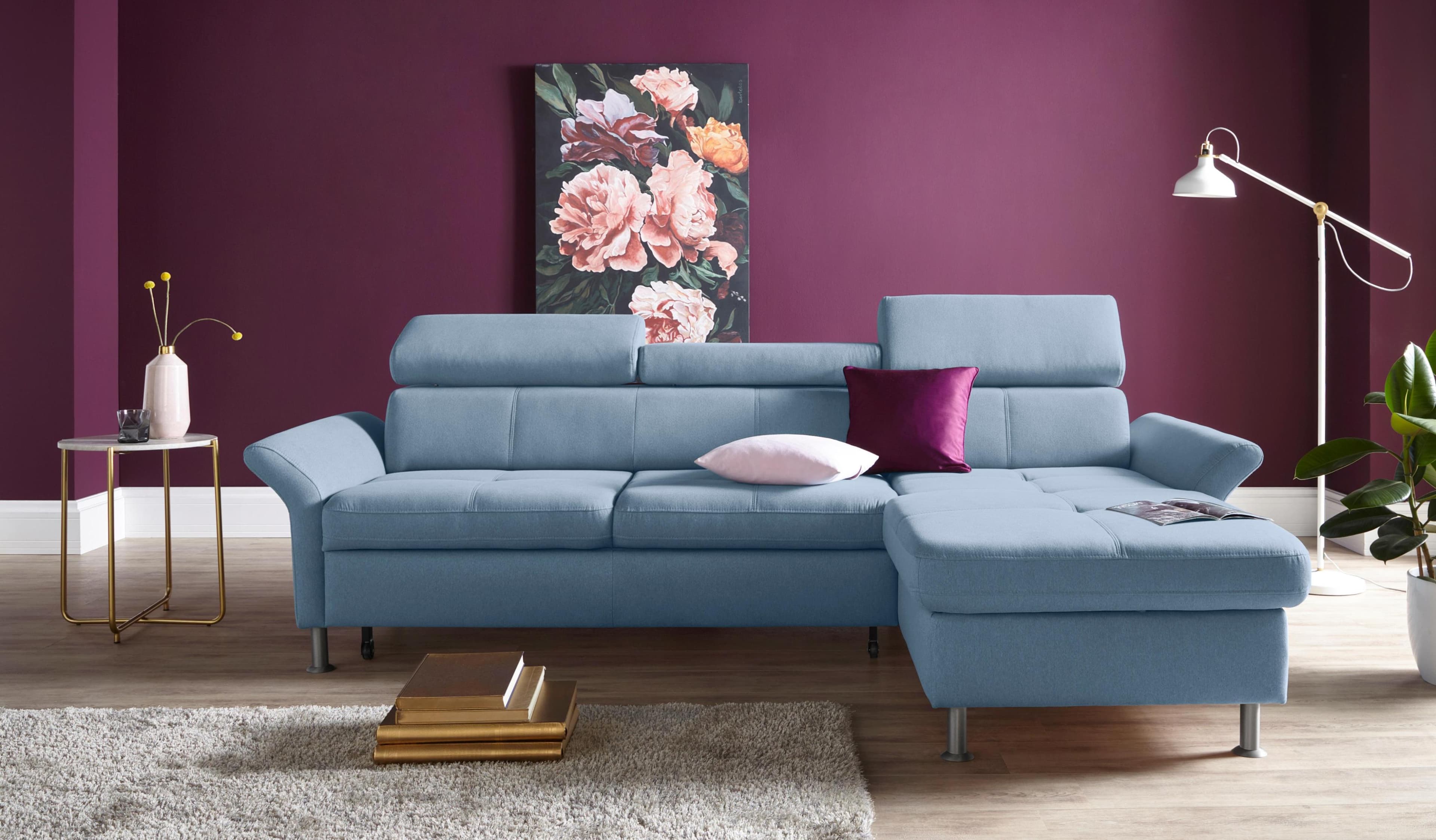 Ecksofa EXXPO SOFA FASHION Maretto L-Form Blau mit Bettfunktion