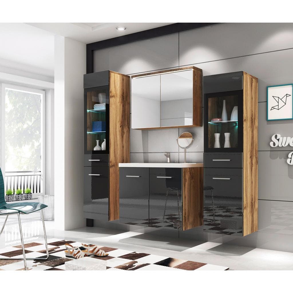 P & B Badezimmer Set Eiche Wotan Schwarz Kunststoff 5-teilig 8 Fächer 120 cm FSC hängend