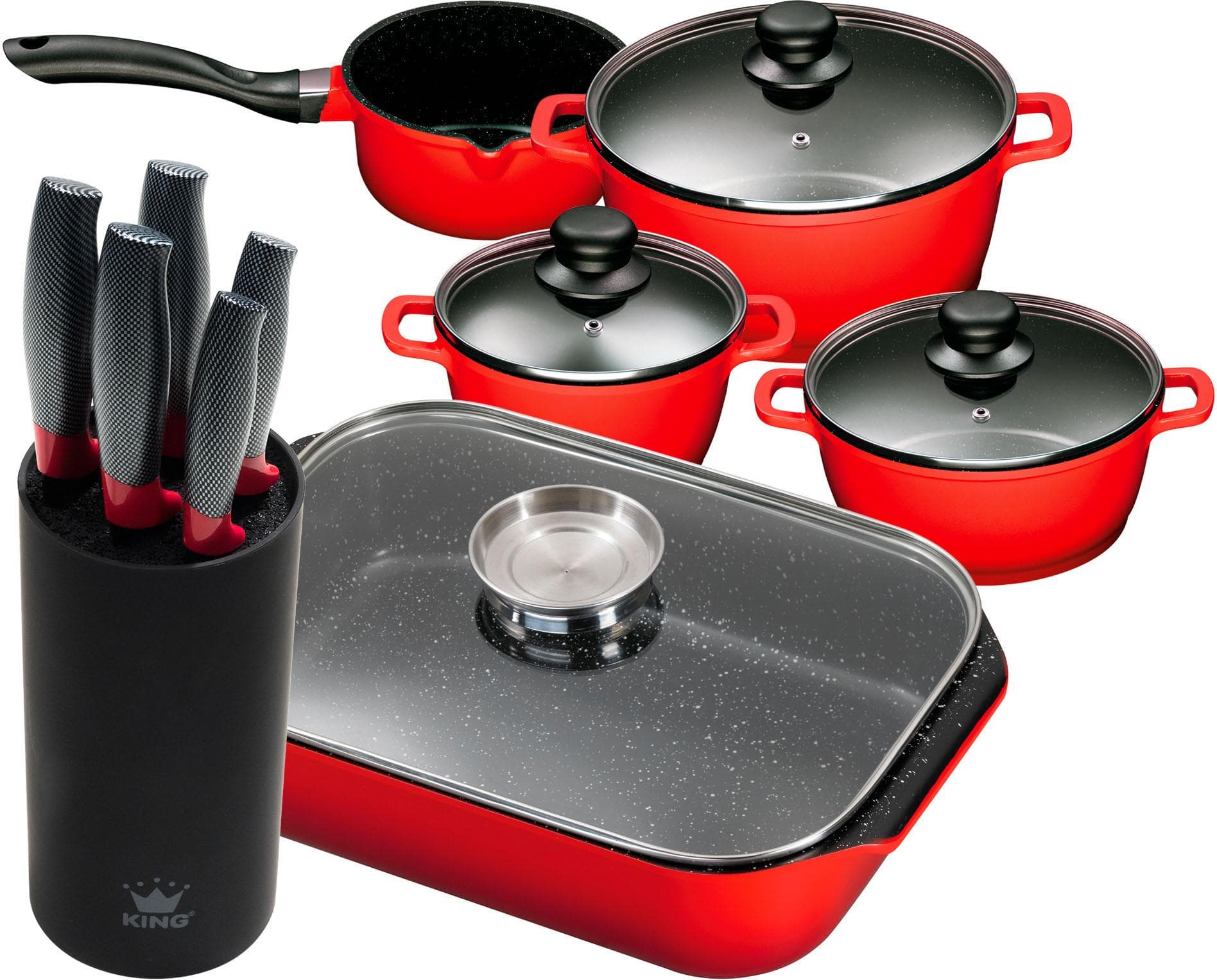 KING Kochtopfset 4-teilig Rot Induktion Aluguss Antihaft