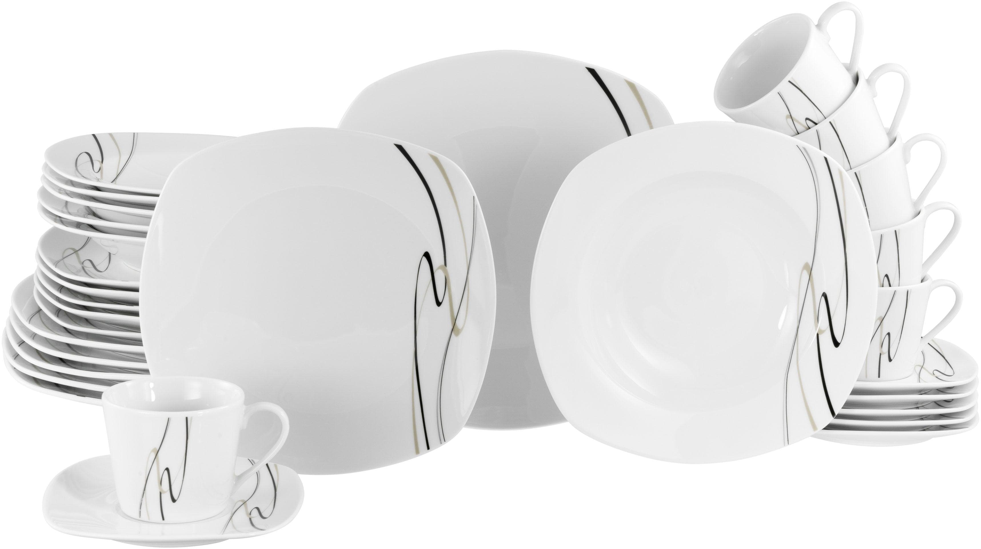 Elegantes Porzellan Kombiservice in Weiß, Schwarz und Grau