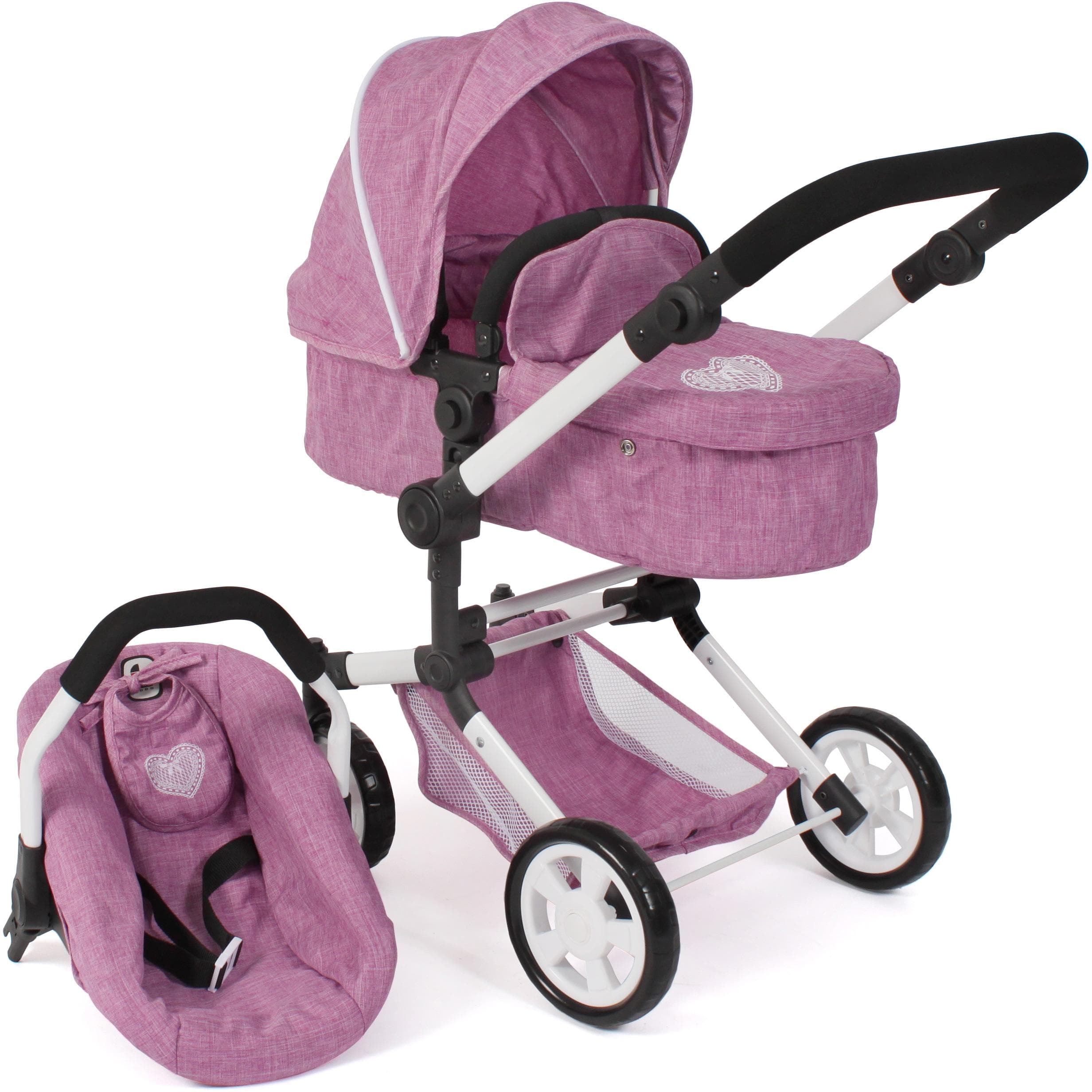 CHIC2000 Kombi-Puppenwagen Linus Jeans Pink Set mit Babywanne und Autositz