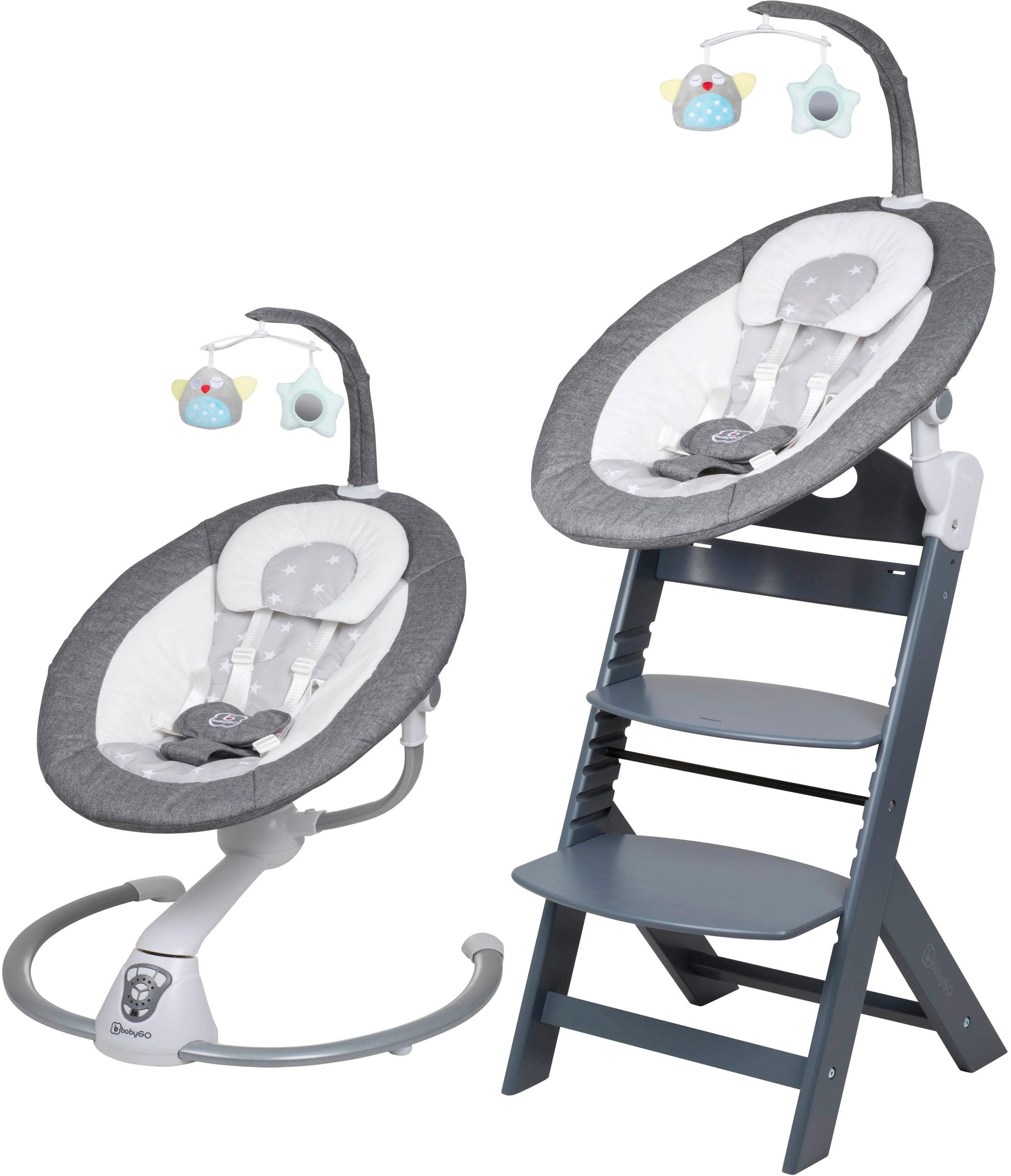 Hochstuhl BABYGO Family Homey Set grau/hellgrau mit Babywippe