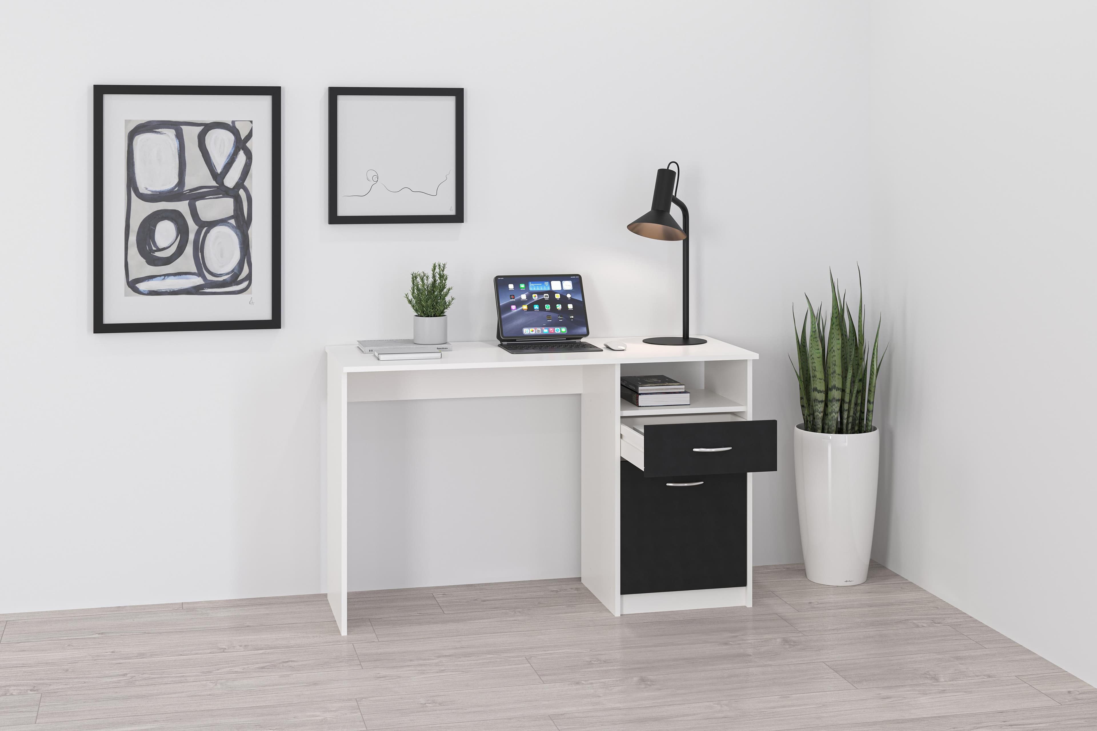 Schreibtisch mit Schublade und Tür | Weiß & Schwarz