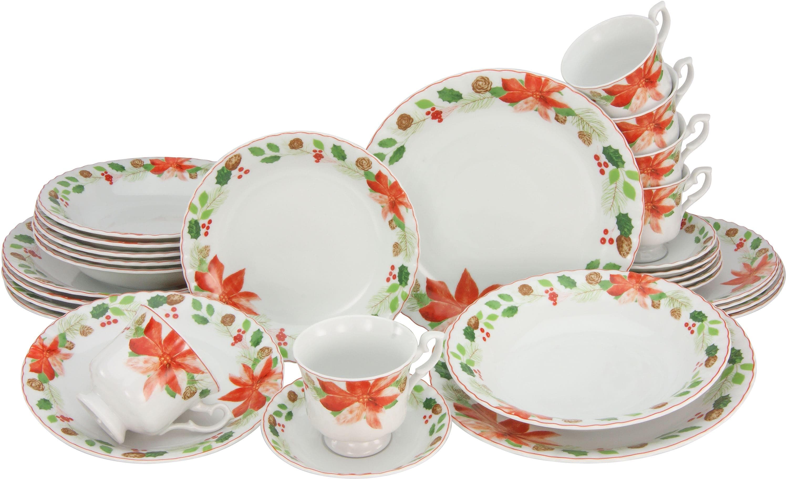 Kombiservice CREATABLE Geschirr-Set Ivona, Winter, Advent, Weihnachten, Rot, 30 Stk., Porzellan, Geschirr-Sets, Kombiservice, Service, Tasse auf Fuß, festliches Dekor, 30 Teile, für 6 Personen
