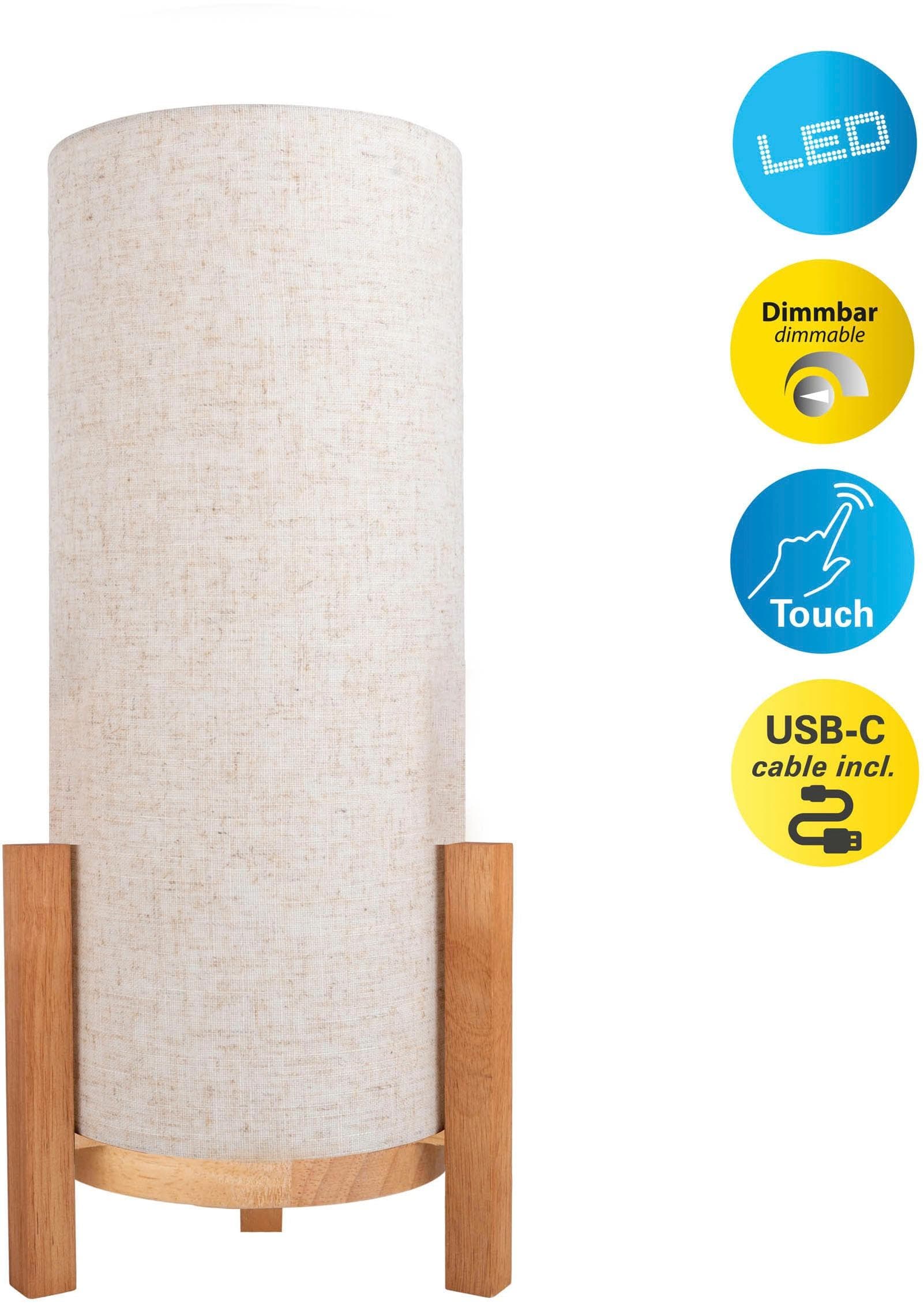 NÄVE LED Tischleuchte Madita Beige Natur Holz Textilschirm Dimmbar