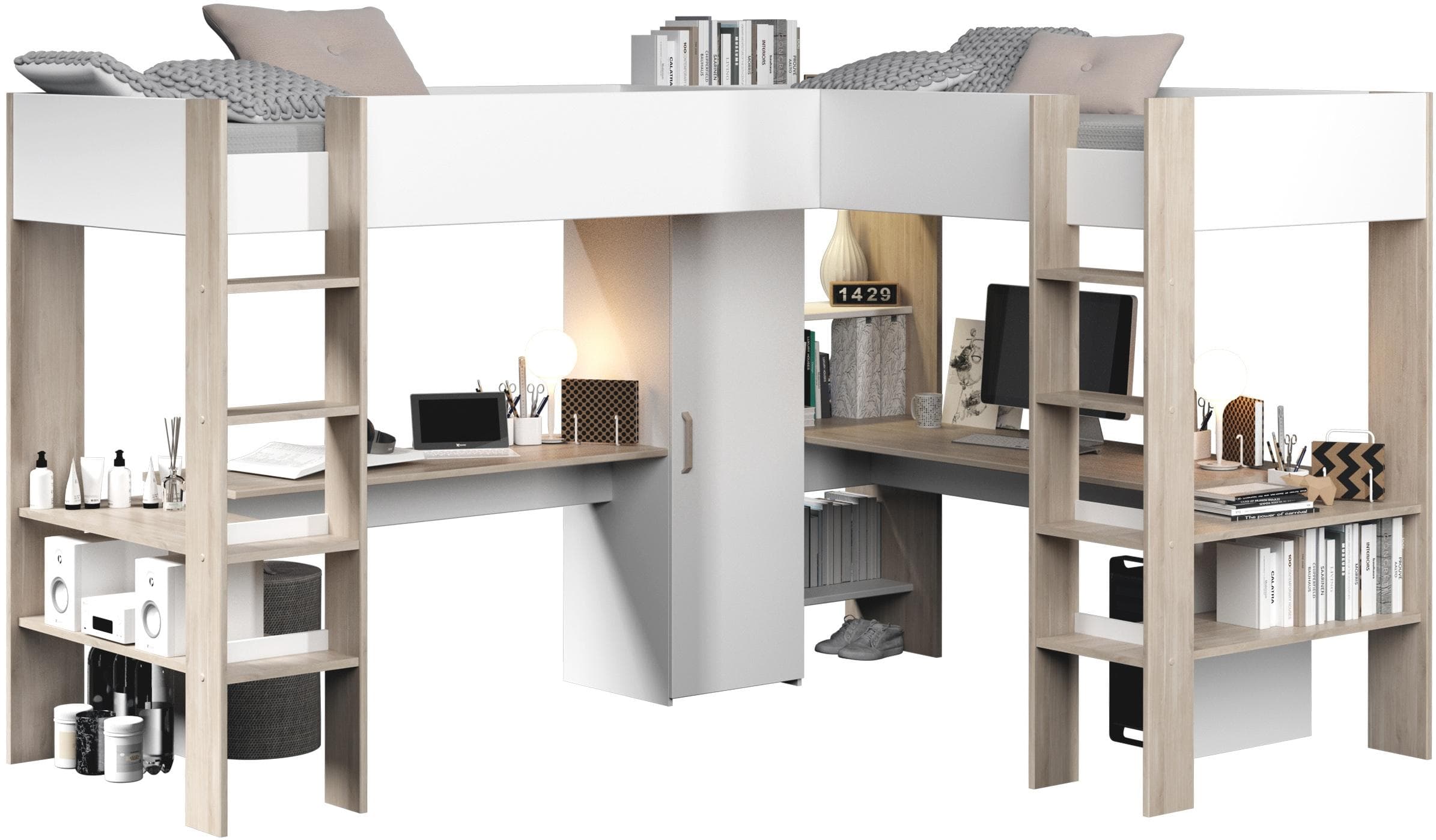 Doppelstockbett mit 2 Liegeflächen | Weiß / Jackson Eiche