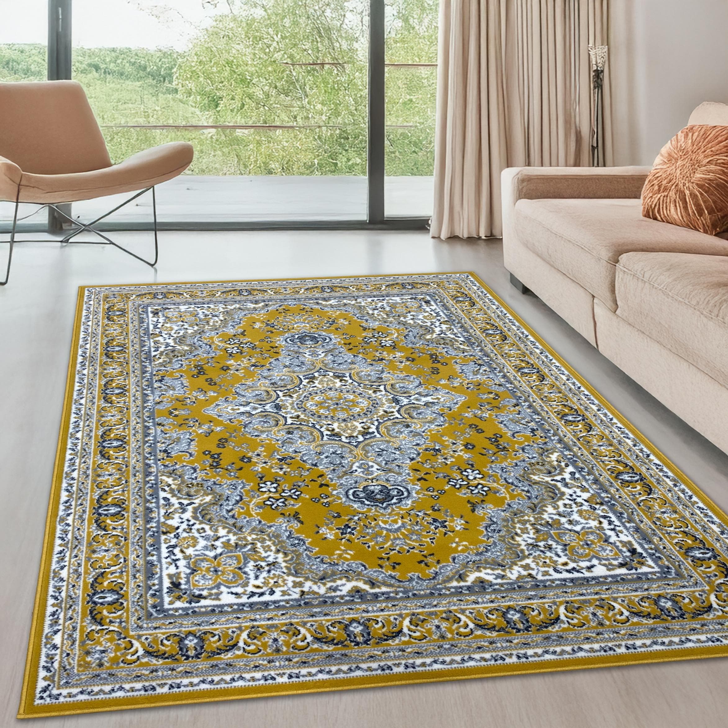 Orientalischer Kurzflor-Teppich in Gelb, 190x280 cm