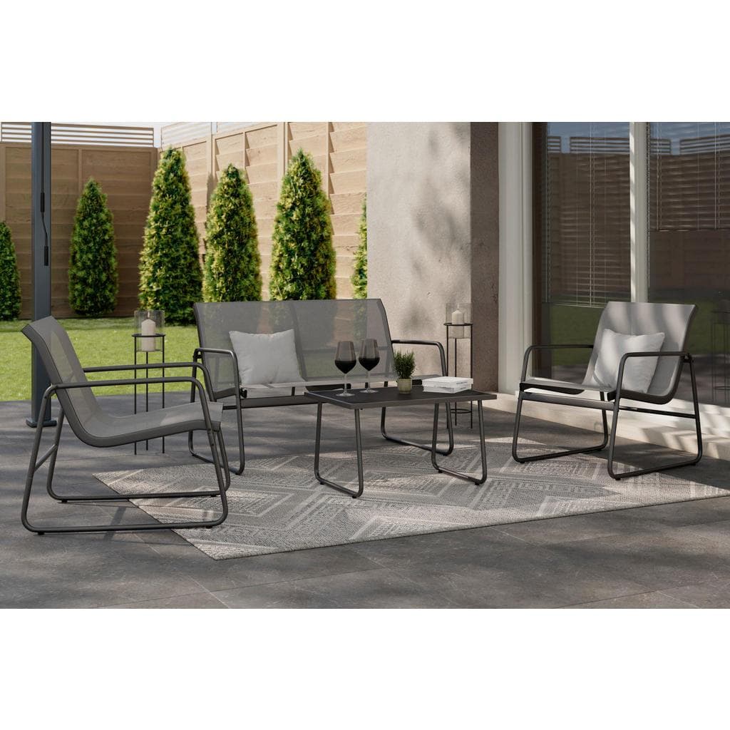 Ambia Garden Loungegarnitur Schwarz Dunkelgrau Metall Glas Textil 4-teilig Balkonmöbel