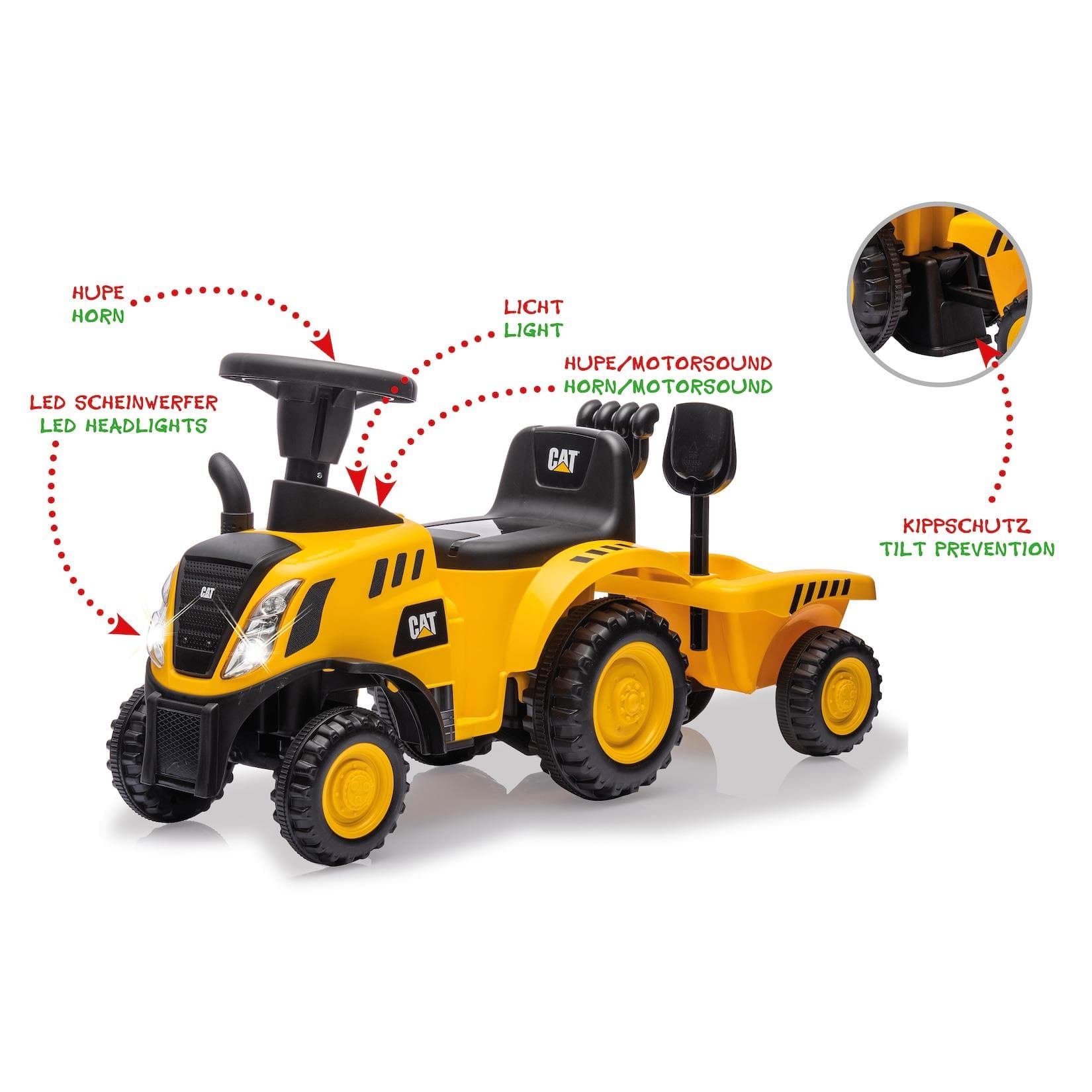 Jamara Rutscher Caterpillar Traktor mit Anhänger 2in1, gelb, mit Licht- und Soundeffekten sowie Hupe