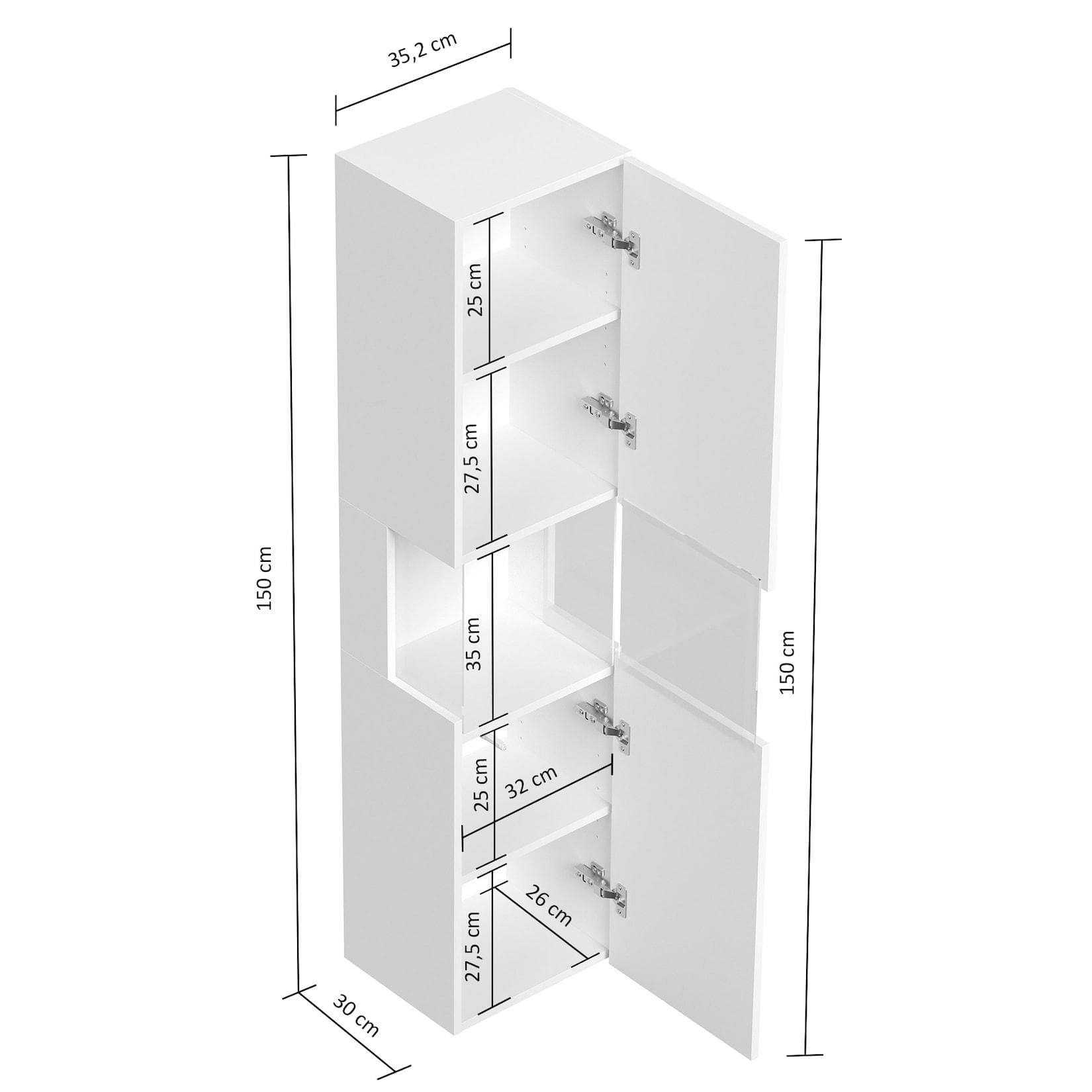 Badezimmer Hochschrank 150cm Softclose Wandmontage Glaselement Weiß