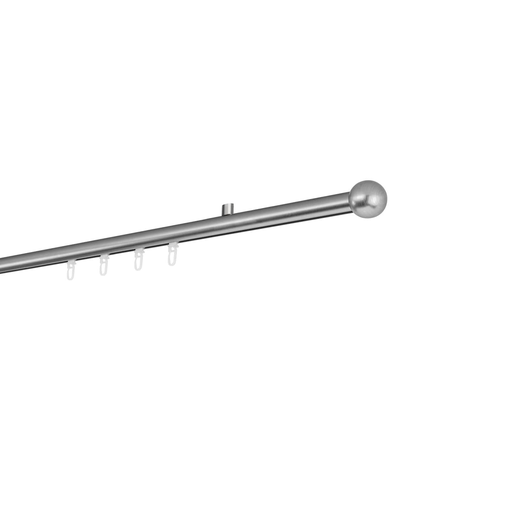 Ondeco Gardinenstange auf Maß Innenlauf 20mm Ball 1-lauf Deckenträger 1,5cm mit Gleiter Edelstahl-Optik