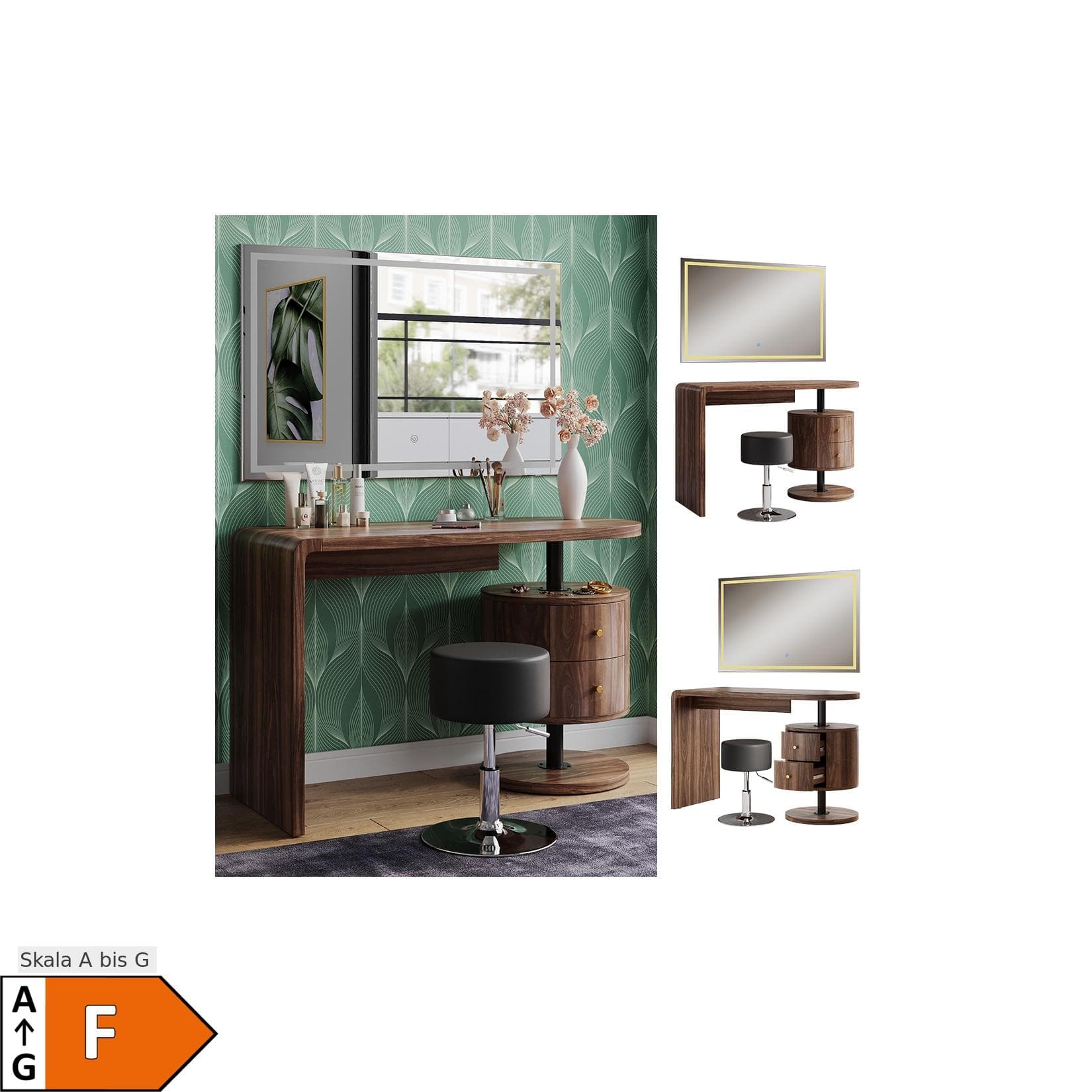 Vicco Schminktisch Lara Eiche Rustikal 120 cm mit LED-Spiegel und Hocker