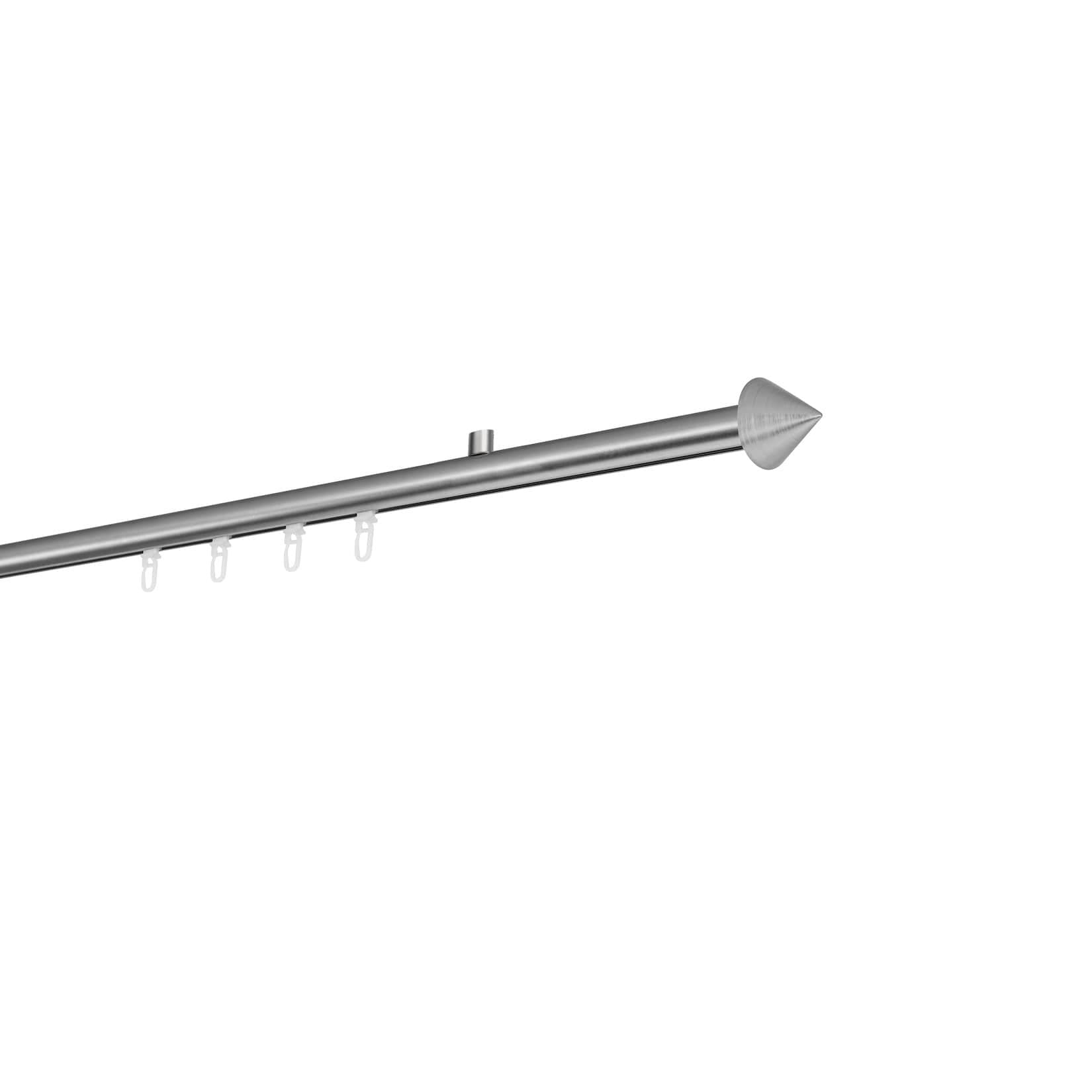 Ondeco Gardinenstange auf Maß Innenlauf 20mm Spitze 1-lauf Deckenträger 1,5cm mit Gleiter Farbe: Edelstahl-Optik