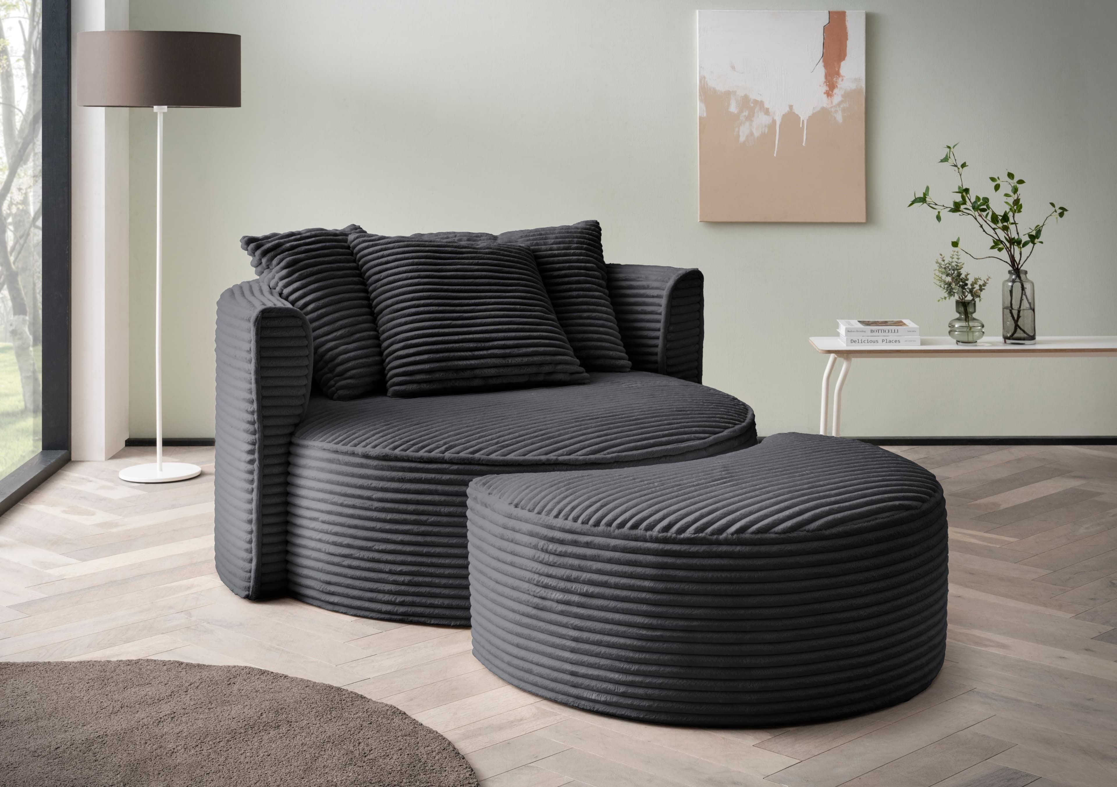 LeGer Home ISALIE XXL-Sessel mit Hocker Anthrazit Cord