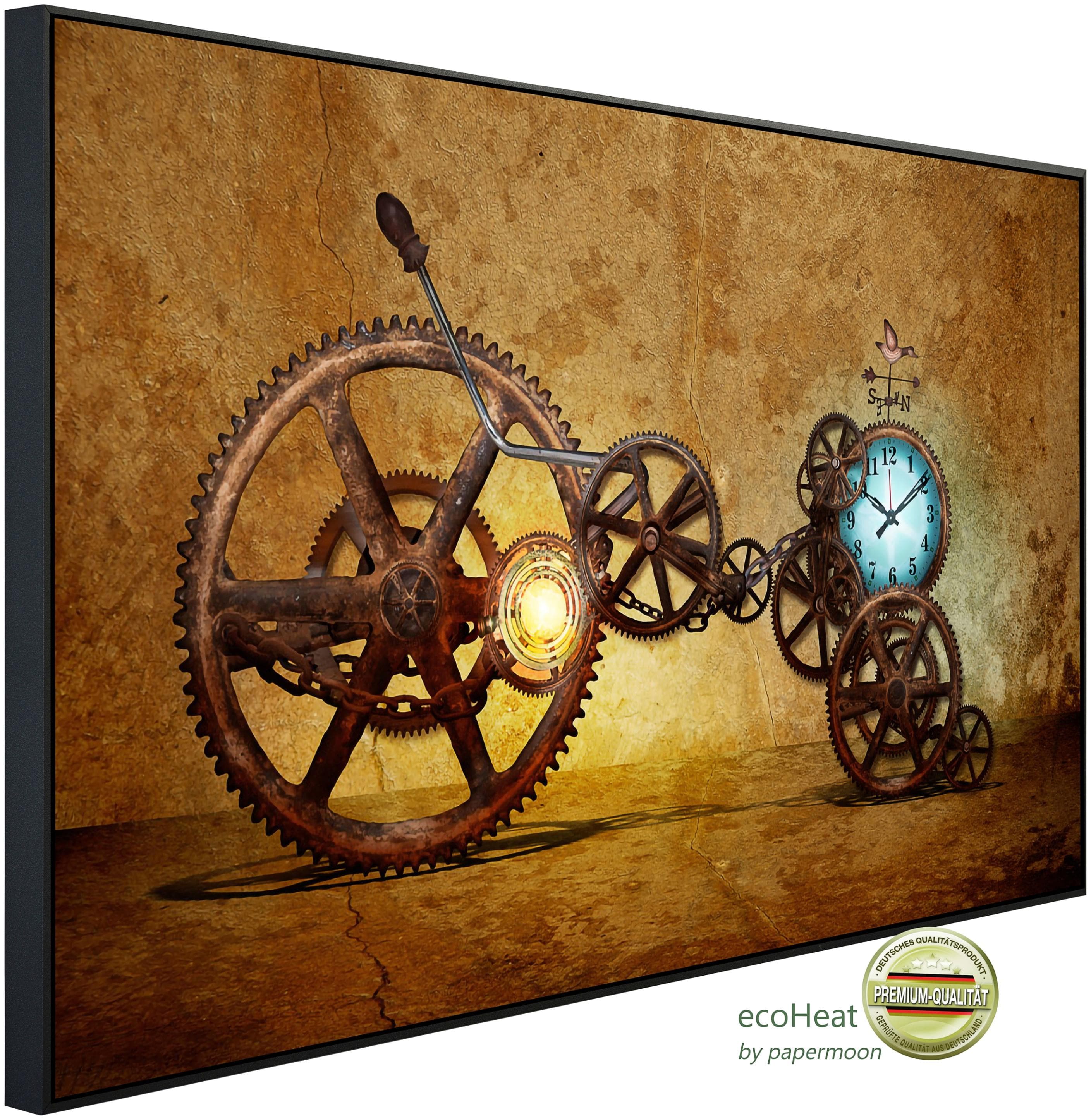 PAPERMOON Infrarotheizung Zahnräder mit Uhr Bunt Kunstmotiv im Aluminiumrahmen