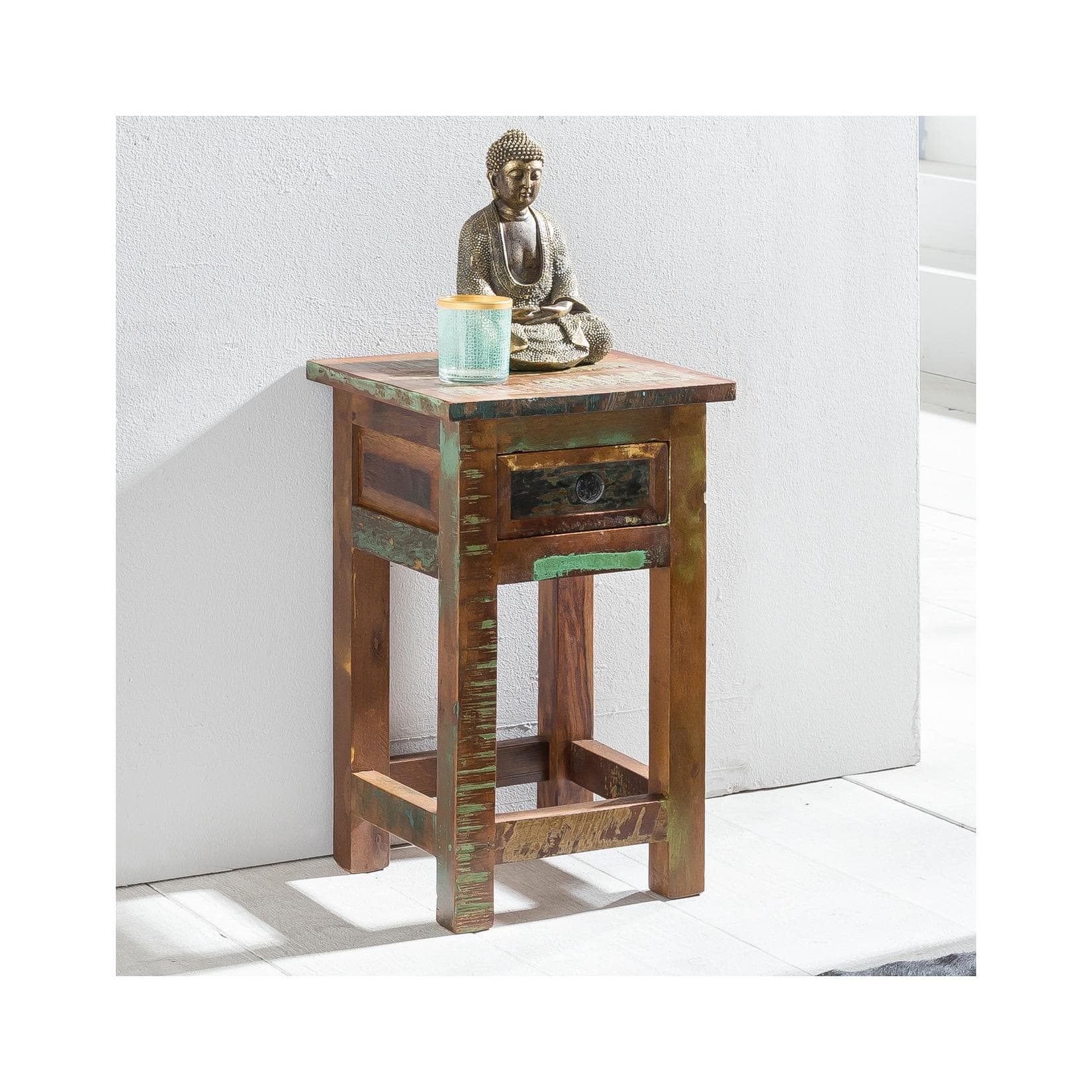 FineBuy Beistelltisch 50 cm Nachttisch mit Schublade Massiv Holz