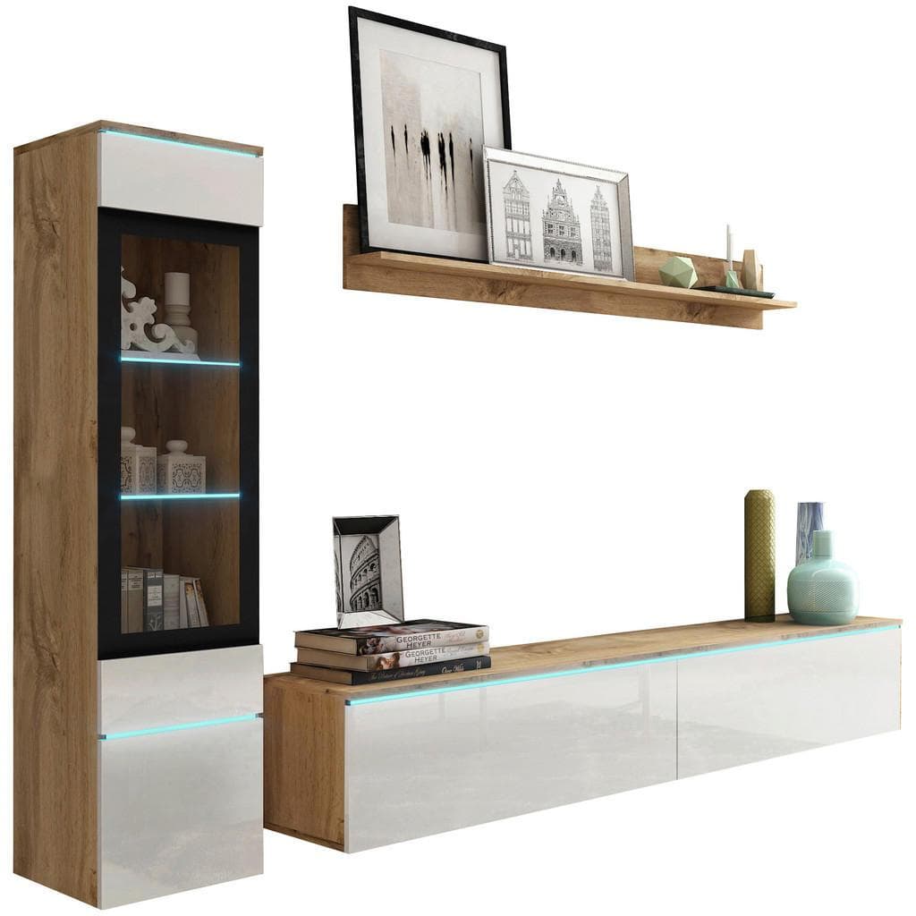 P & B Wohnwand Vera Eiche Wotan Weiß Hochglanz Glas Holzwerkstoff 3-teilig 3 Fächer