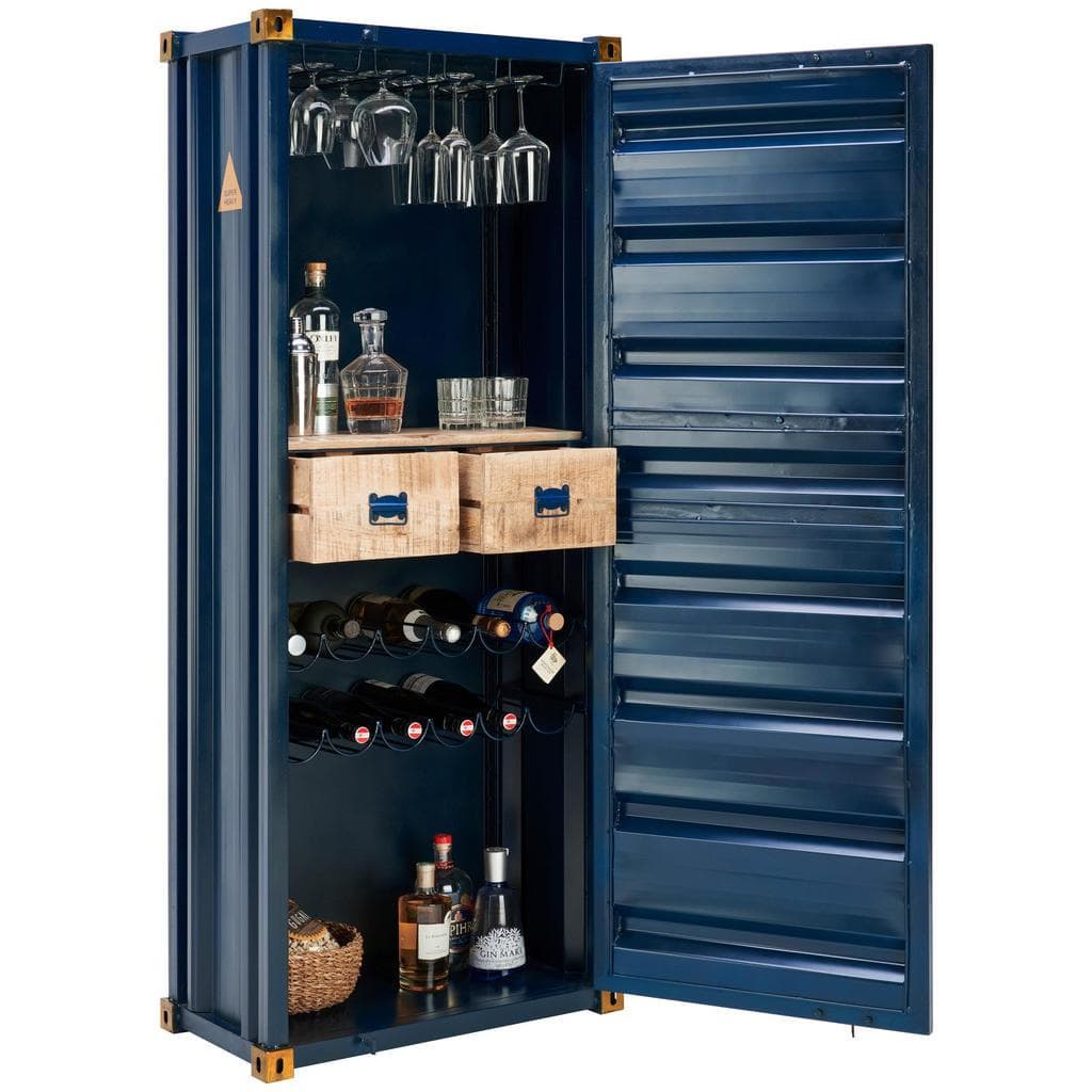 Ambia Home Barschrank Blau Gold Mangoholz Vintage 1 Fach 2 Schubladen