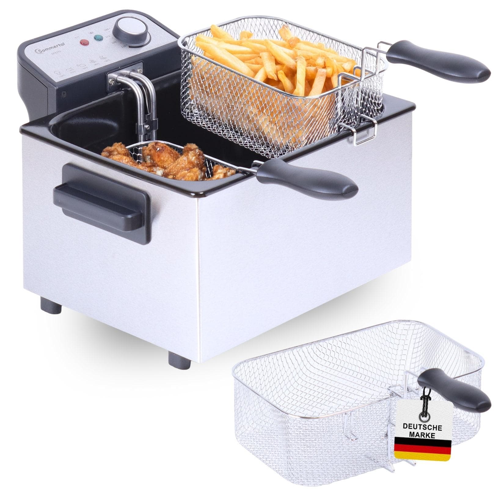 Sommertal XXL Doppel-Fritteuse mit Öl oder Fett – 3 Körbe, 5 Liter, 3000 Watt, Kaltzone, DF3270 – echte Edelstahl Fritteuse für knusprige Pommes