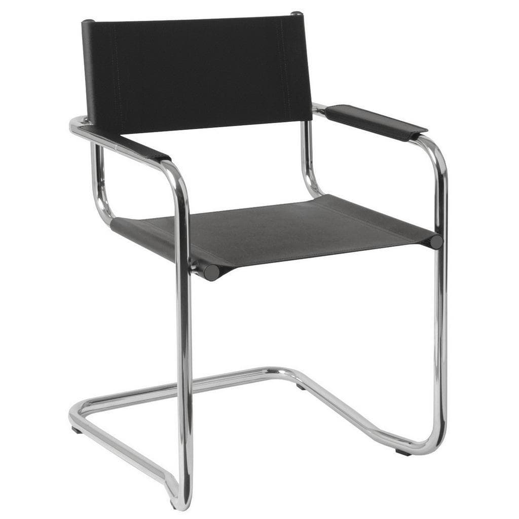 Besucherstuhl Metall, Textil, Lederlook, Schwarz, Chrom