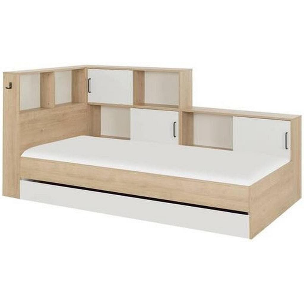 Stauraumbett mit großer Schublade, Regalen und Ablagefächern