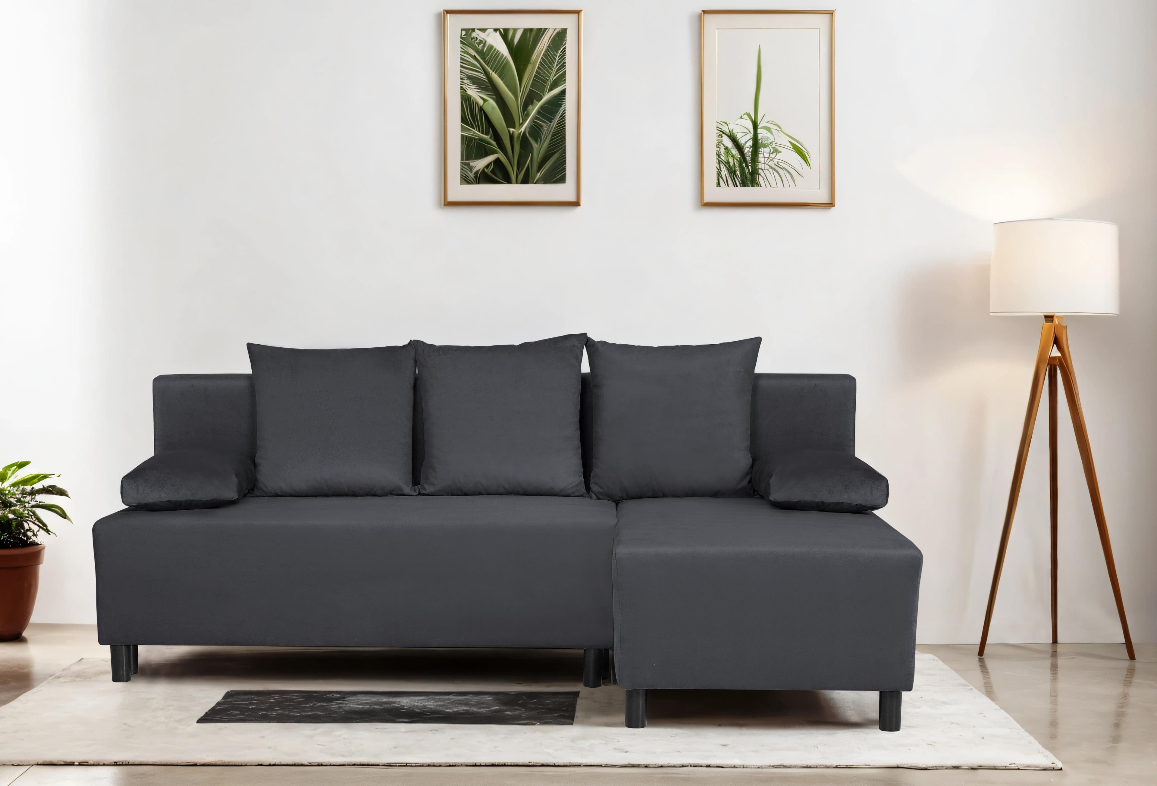 Ecksofa IWALANI Schlafsofa mit Bettkasten Recamiere beidseitig montierbar Anthrazit