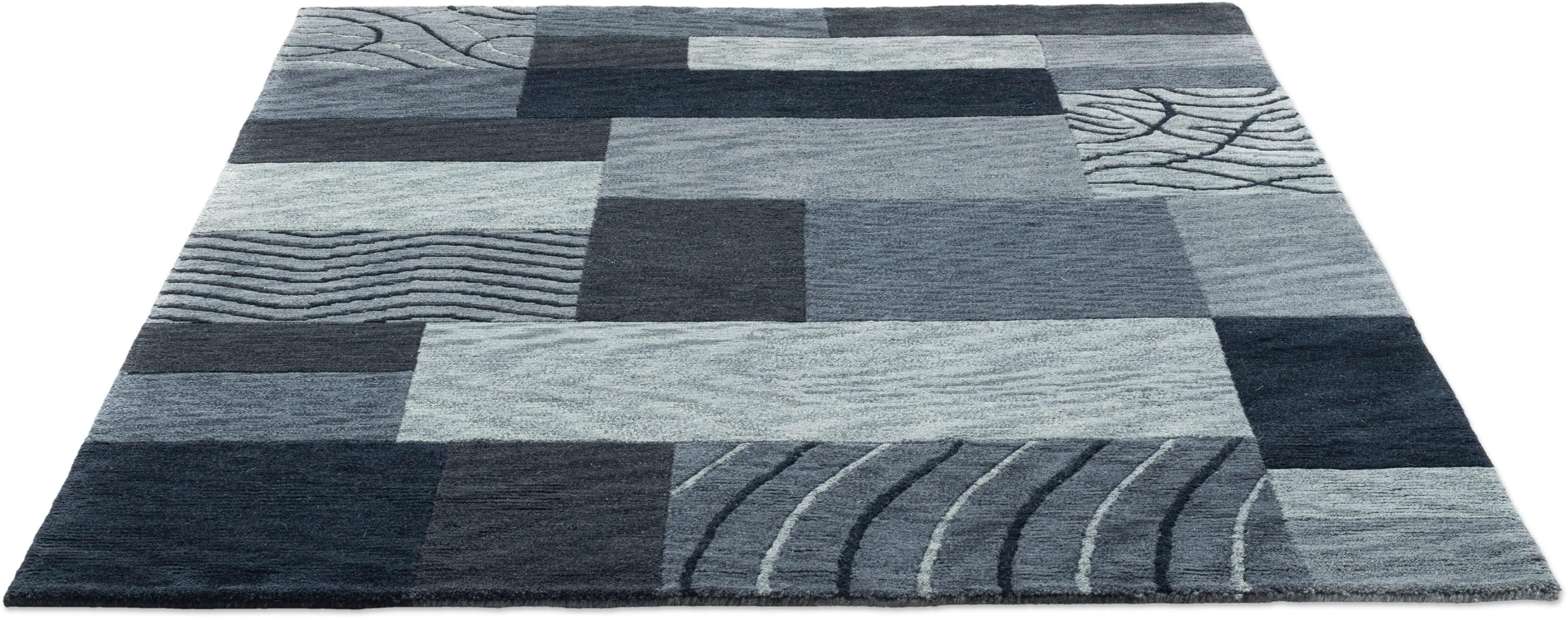 THEKO Wollteppich Domas 4028 Anthrazit Handgeknüpft Patchwork