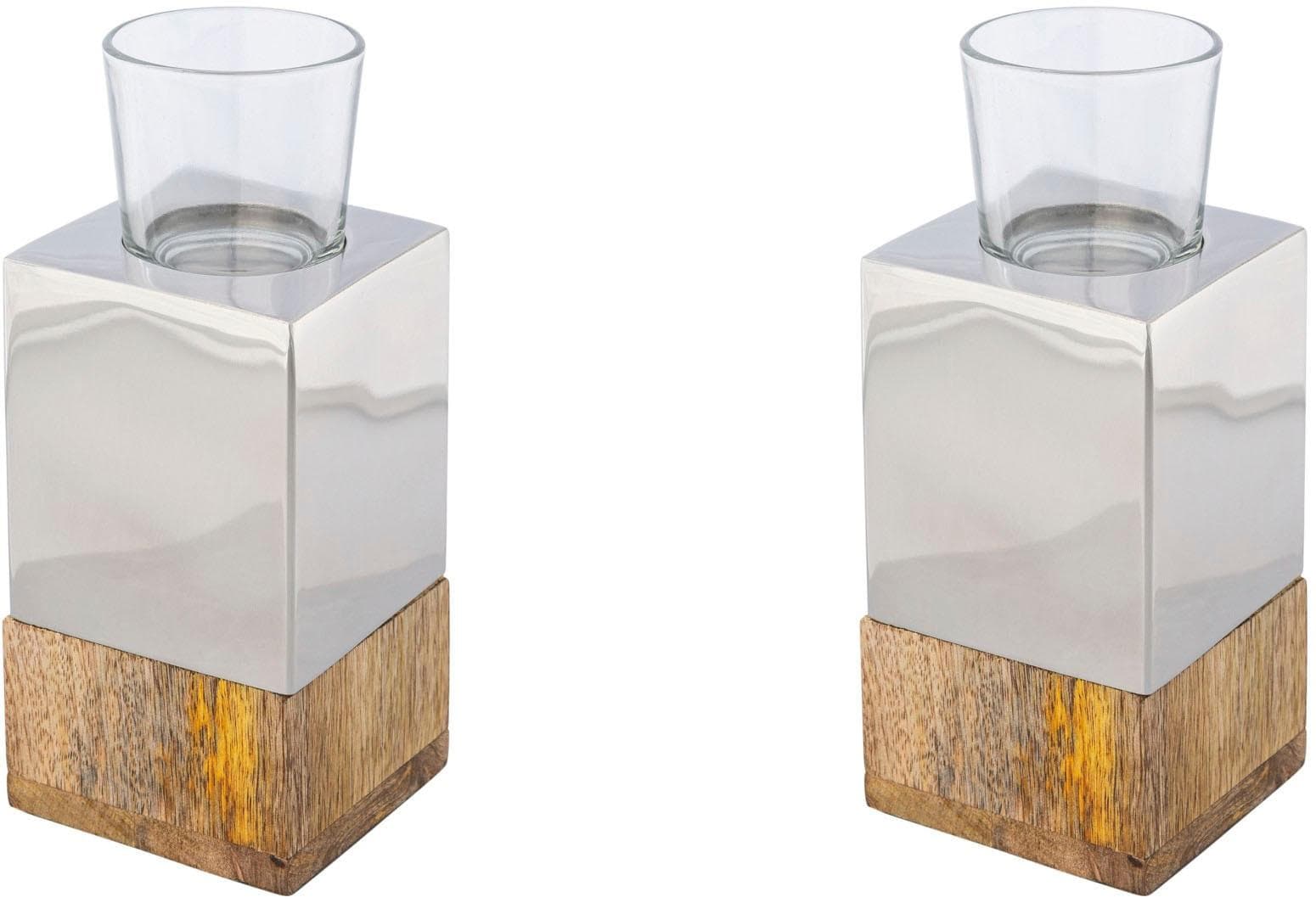 Creativ home Teelichthalter Kerzenhalter Tower 2er Set Edelstahl Mangoholz