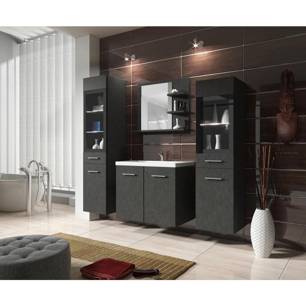 P & B Badezimmer Set Anthrazit Kunststoff 5-teilig 7 Fächer 120 cm FSC Spiegel mit Ablage