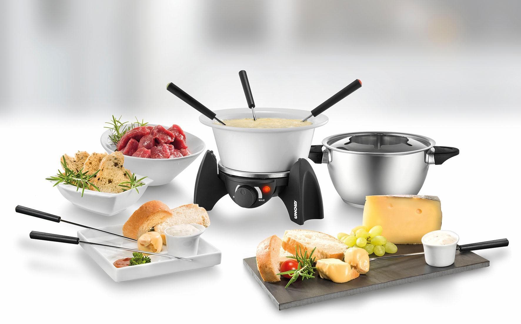 UNOLD Elektro-Fondue 48615 Silber Edelstahl-Fonduetopf plus feuerfestem Keramiktopf