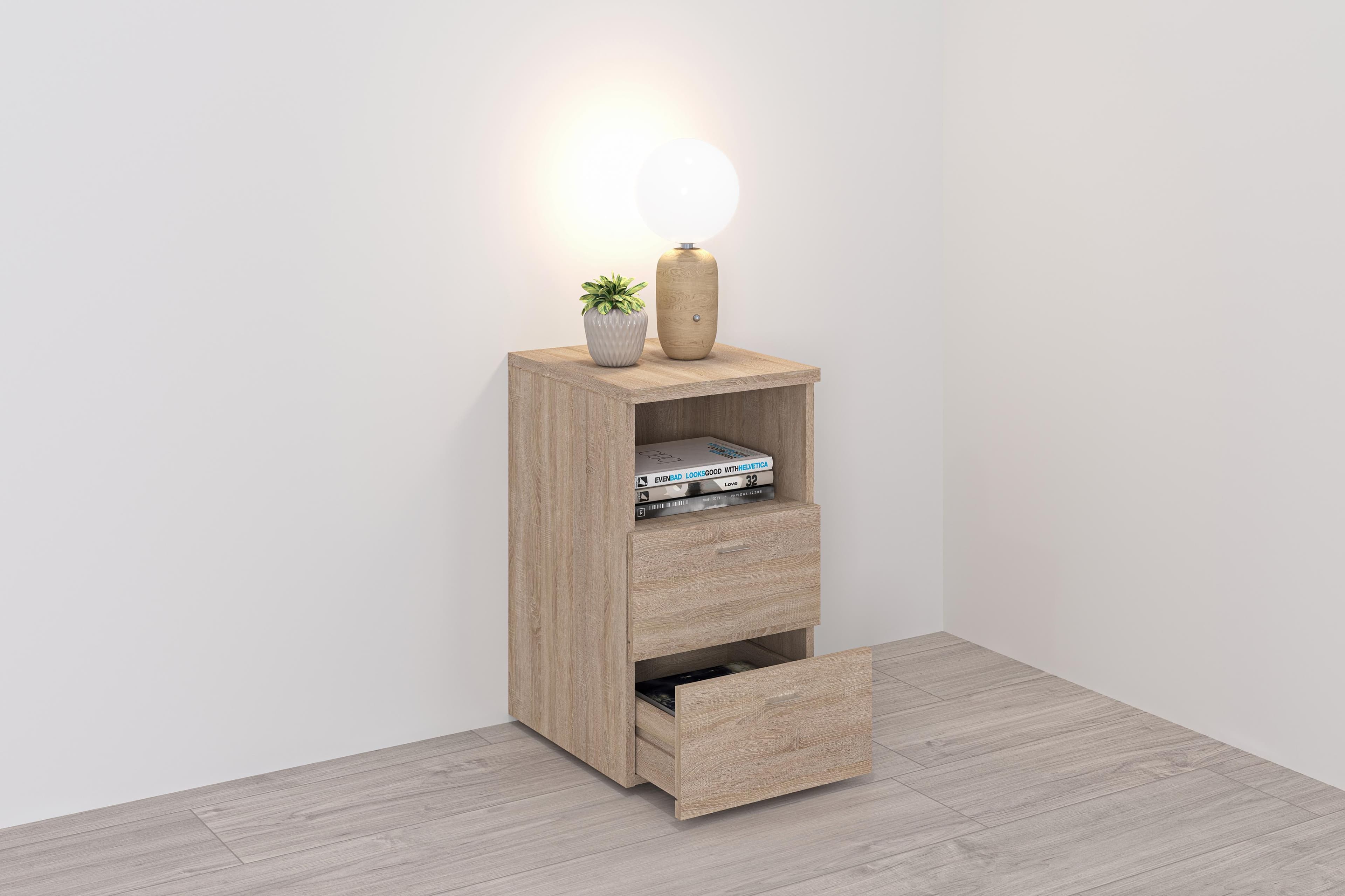Nachtschrank mit 2 Schubladen und offenem Regal in Eichenoptik