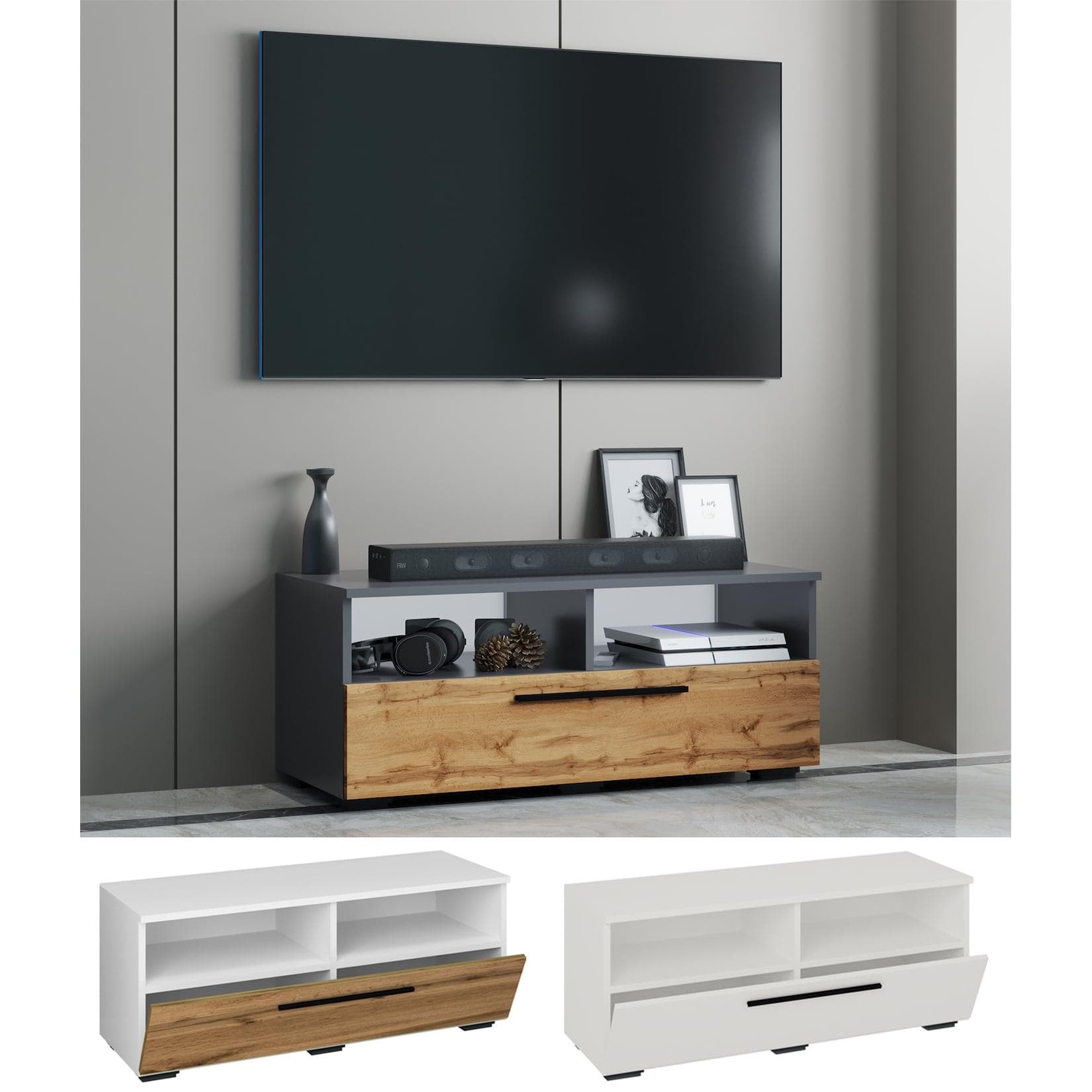 VCM TV-Lowboard Arila XL Holz Fernsehschrank Anthrazit Honig-Eiche