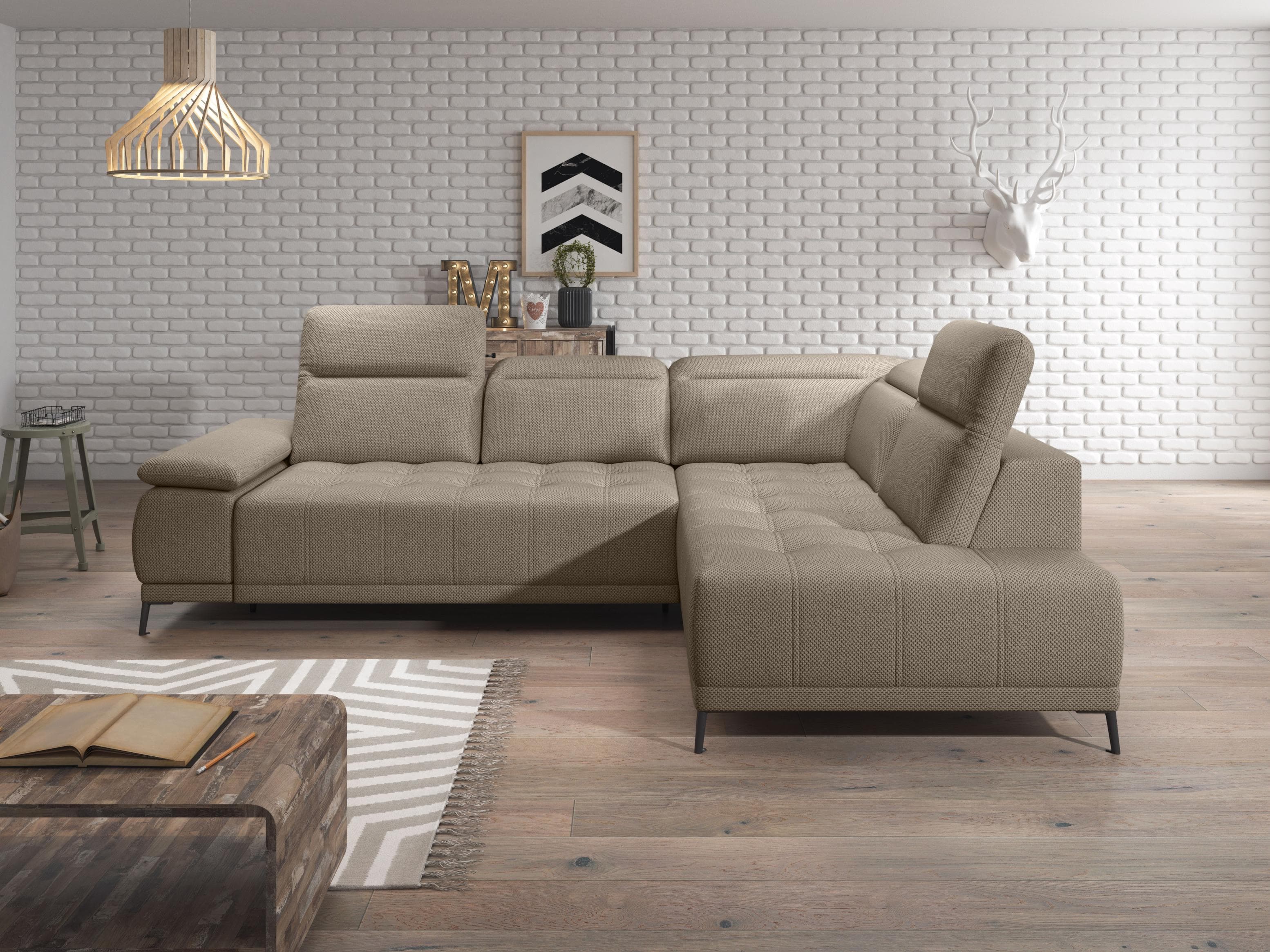 Ecksofa WERK2 Focus-L Beige Elektrisch Verstellbar