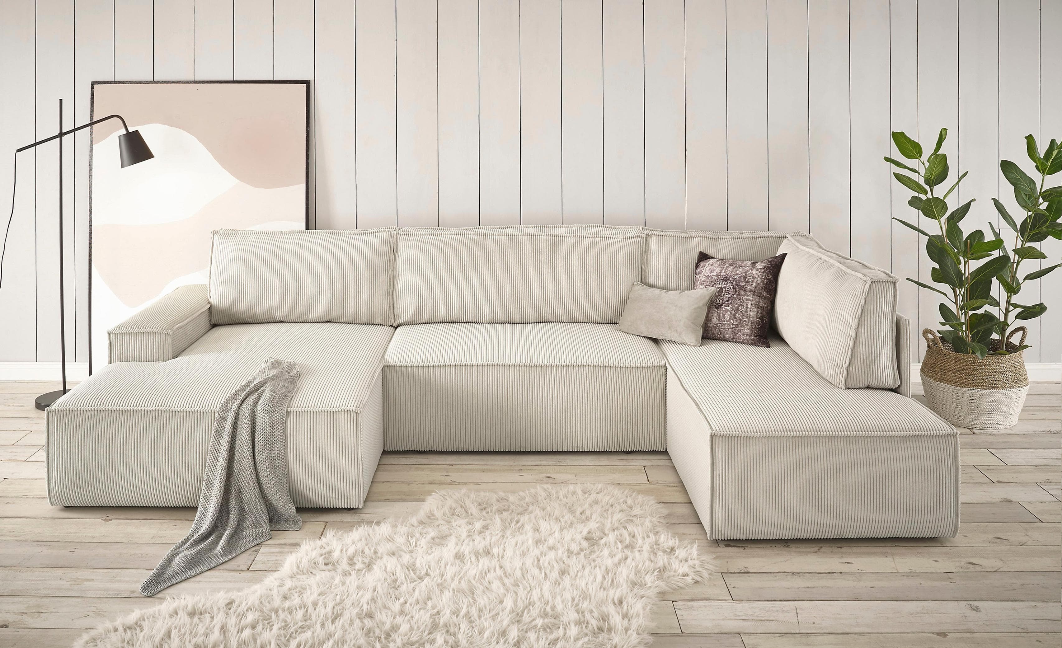 U-förmige Wohnlandschaft mit Schlaffunktion und Bettkasten - Cord-Samtvelours