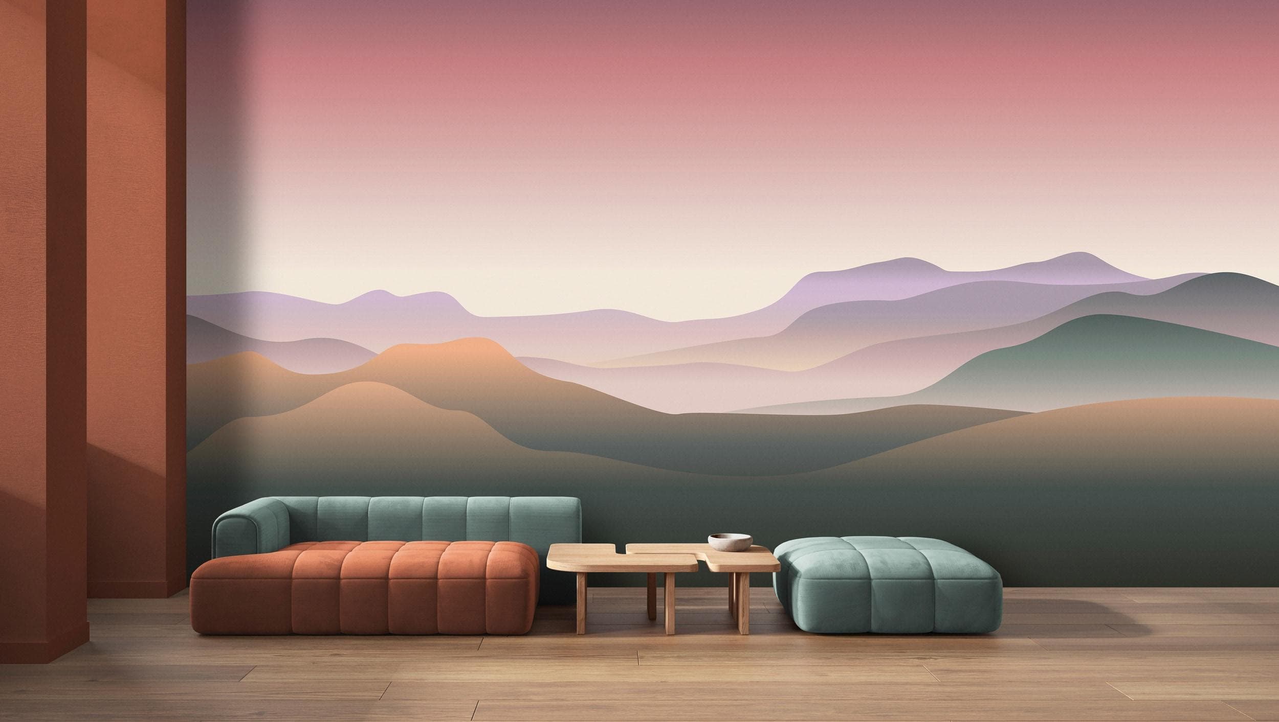 Vliestapete Landschaft Rosa Violett Abstrakt Berge Beige