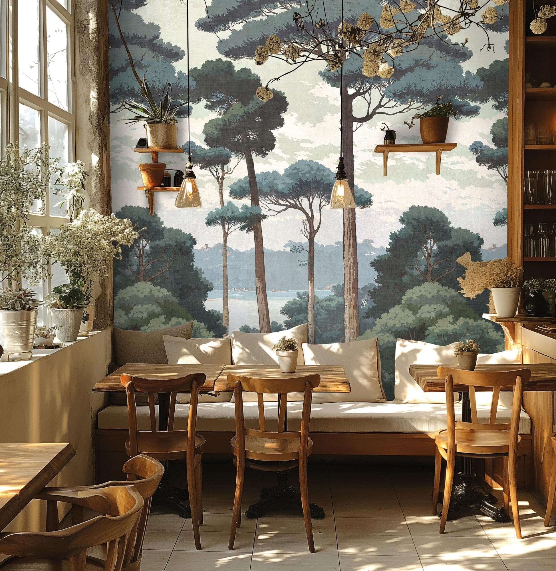 Vliestapete LIVING WALLS Fototapete Wald Kiefern Grau Grün