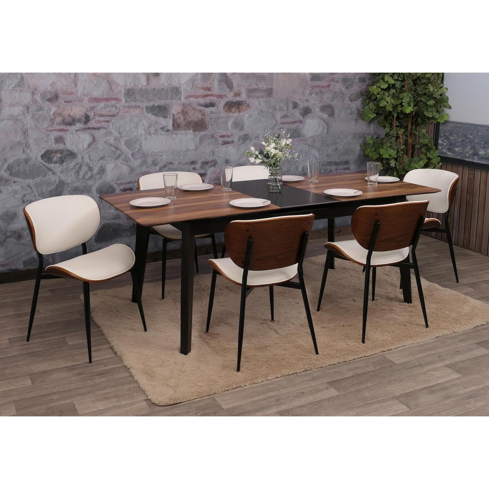 MCW 6er-Set Esszimmerstuhl MCW-O45 Bugholz Kunstleder Walnuss-Optik Weiß
