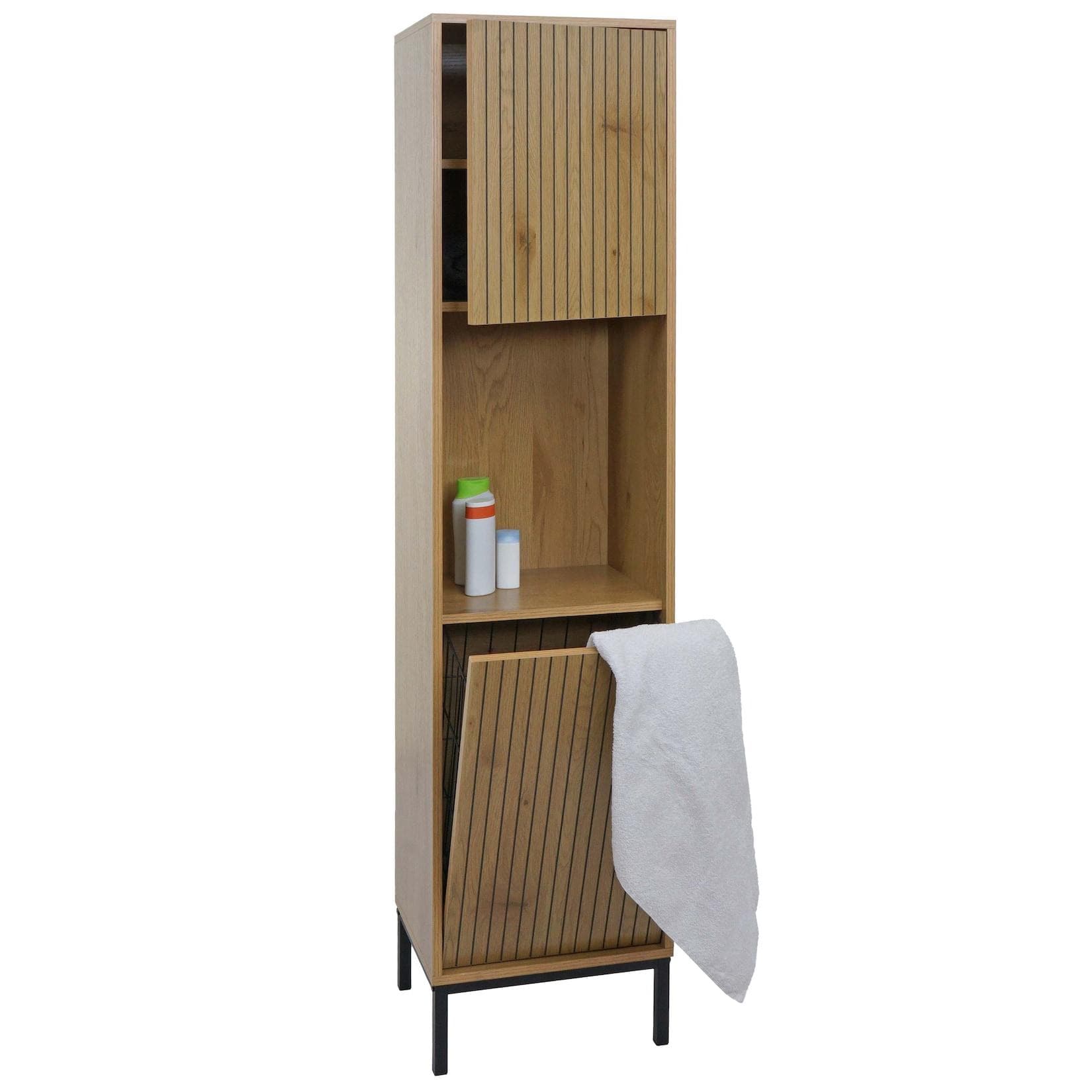 Hochschrank MCW-O42 Badschrank Badregal Badezimmer Schrankfächer Wäschekorb